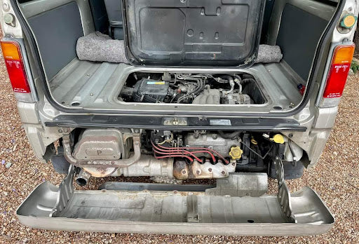 Subaru Sambar Van Engine Parts showing rear-mounted engine compartment, ideal for maintenance and repairs on KV3 and KV4 models.