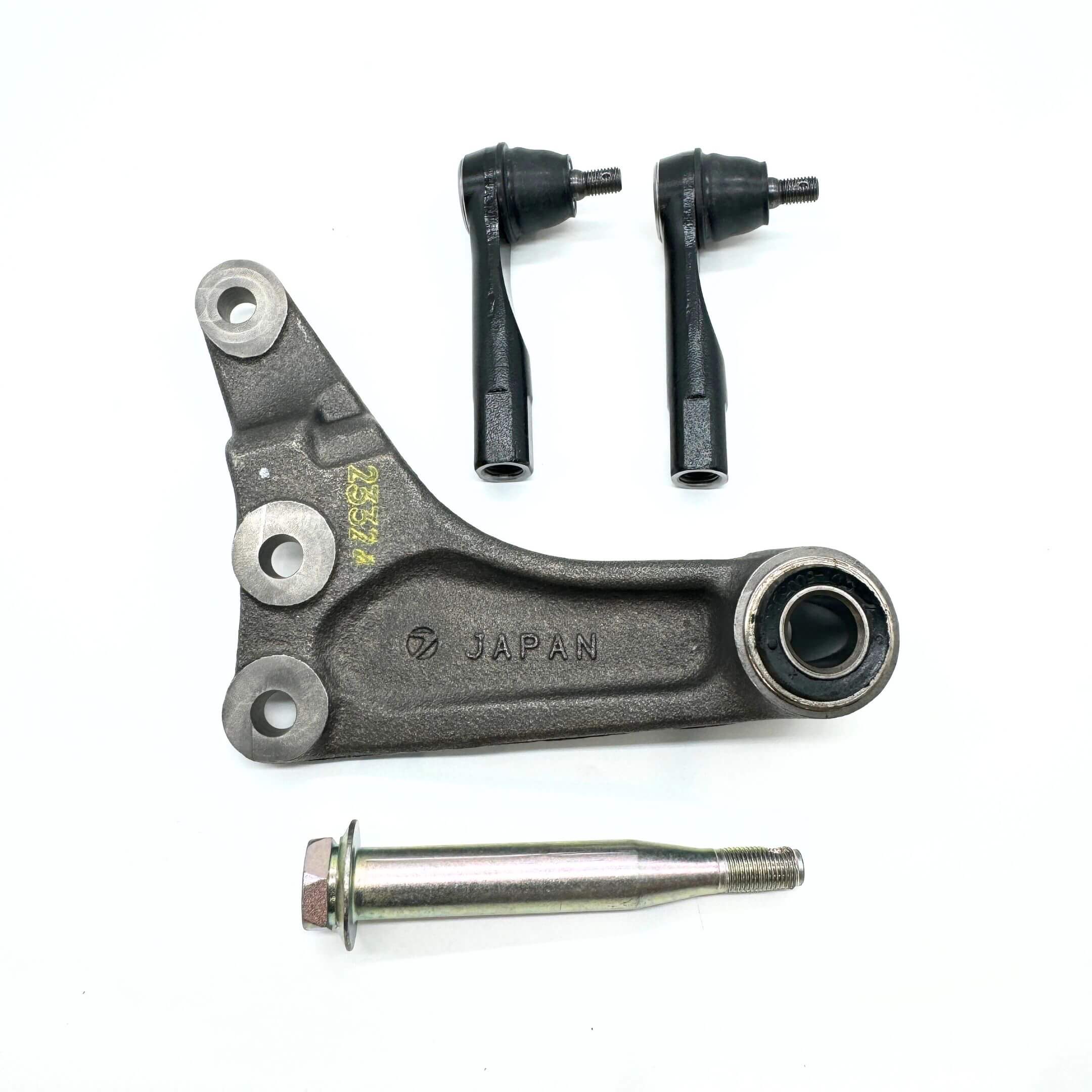 Close-up of the complete steering set for Subaru Sambar Van KV3, KV4 (1990-1998), featuring heavy-duty outer tie rods and center steering link with pin.