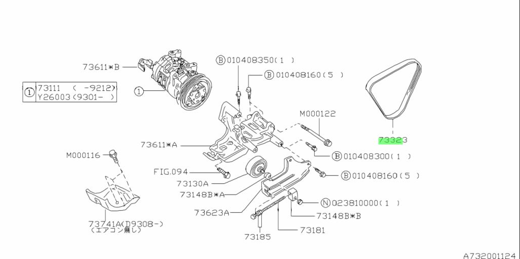 Technical diagram showing placement of Subaru Sambar KV3, KV4 Supercharger Belt for EN07Y engine, supercharged with air conditioning.