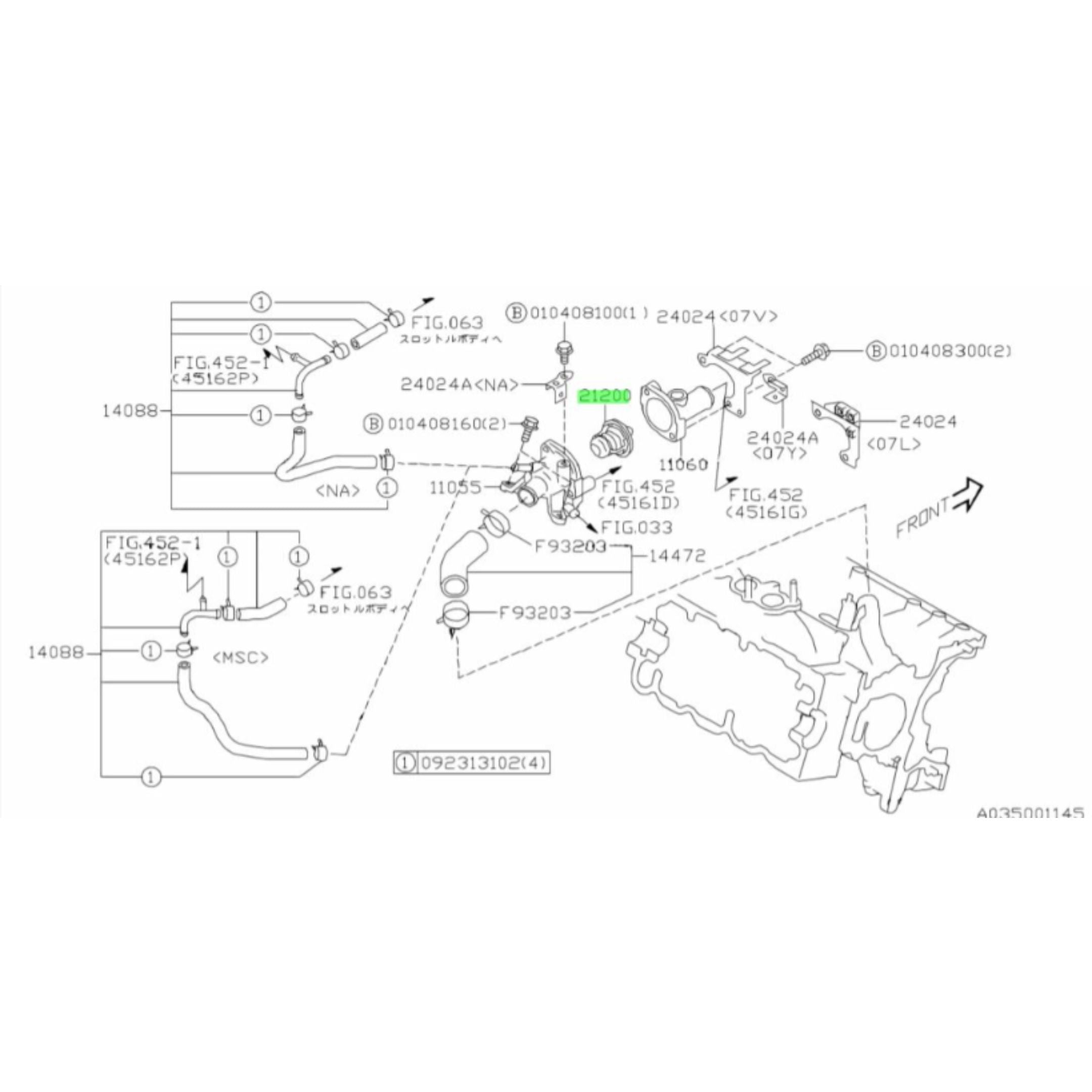 Technical diagram of the genuine thermostat for Subaru Sambar Wagon TW1, TW2 models (1999-2012), highlighting part number 21200.