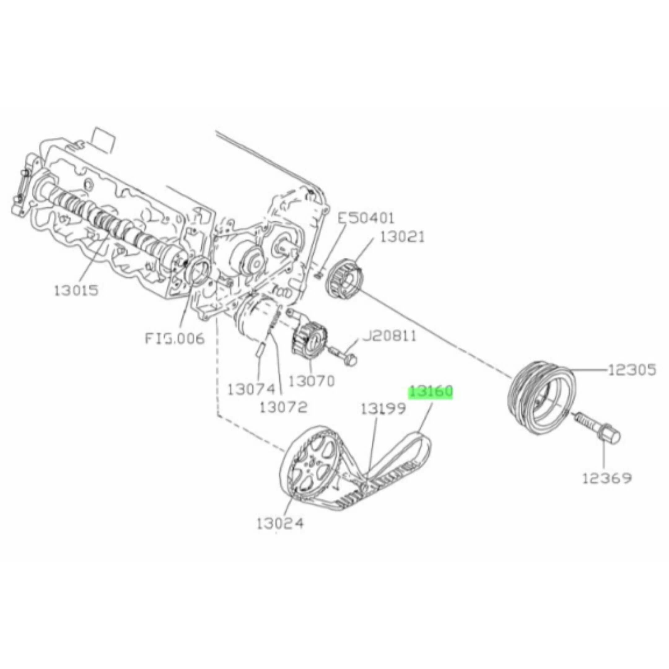 Technical diagram of the Subaru Sambar Truck TT1, TT2 Timing Belt for 1999-2012 models, highlighting key components and assembly layout.