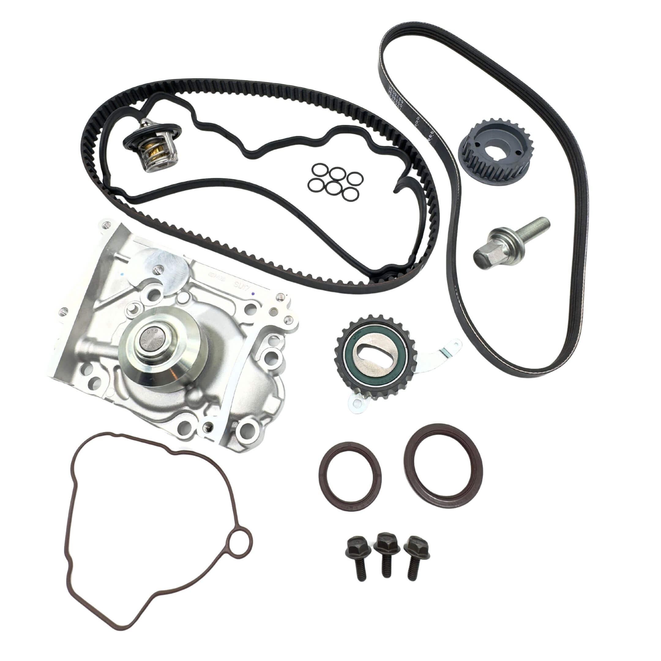 Timing Belt Kit - 13 Piece for Subaru Sambar Van TV1, TV2 Models (1999-2012), featuring black belts, metal components, and gaskets in a technical parts schematic.