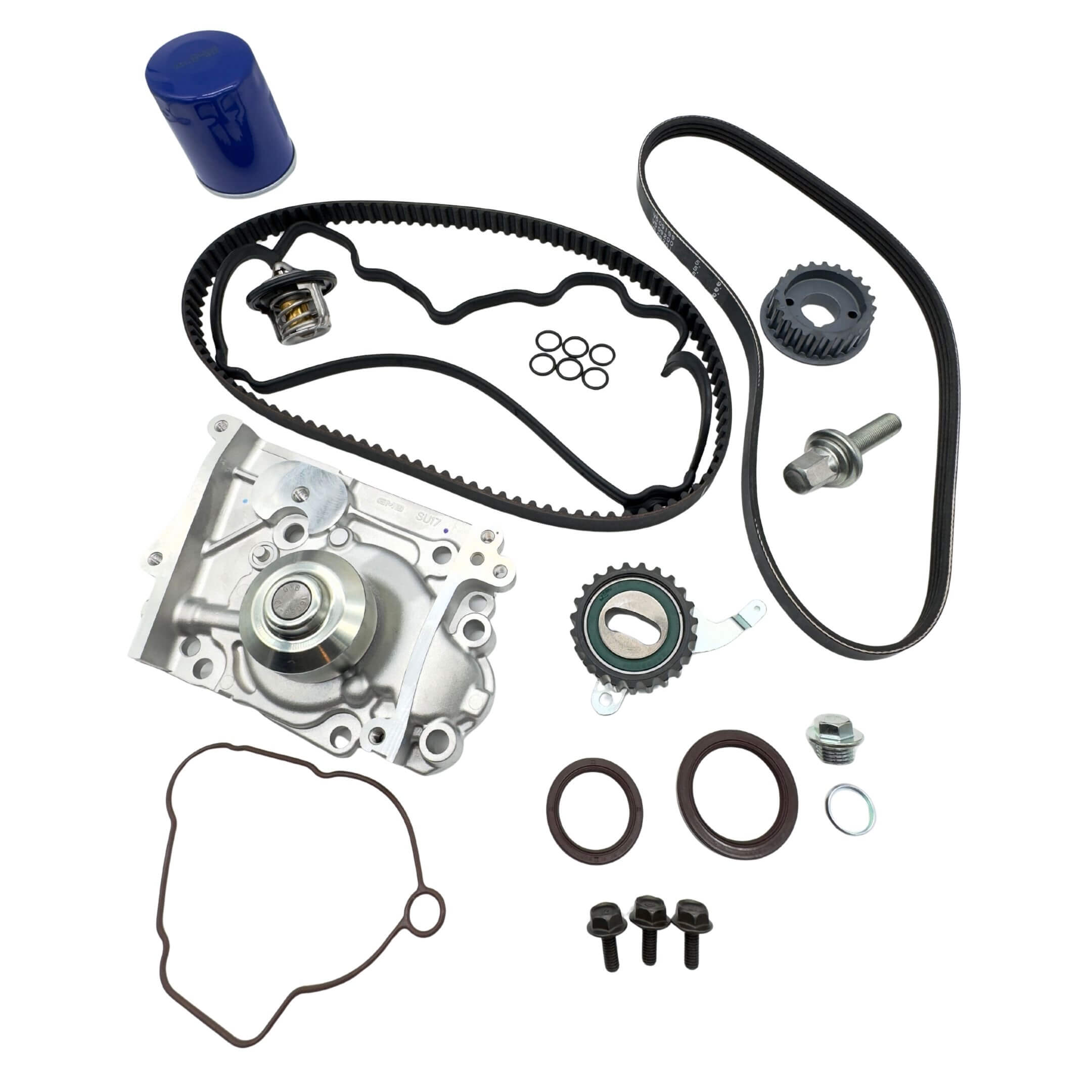 Timing Belt Kit - 16 Piece for Subaru Sambar Truck TT1, TT2 Models (1999-2012) featuring black belts, silver components, and a blue filter.