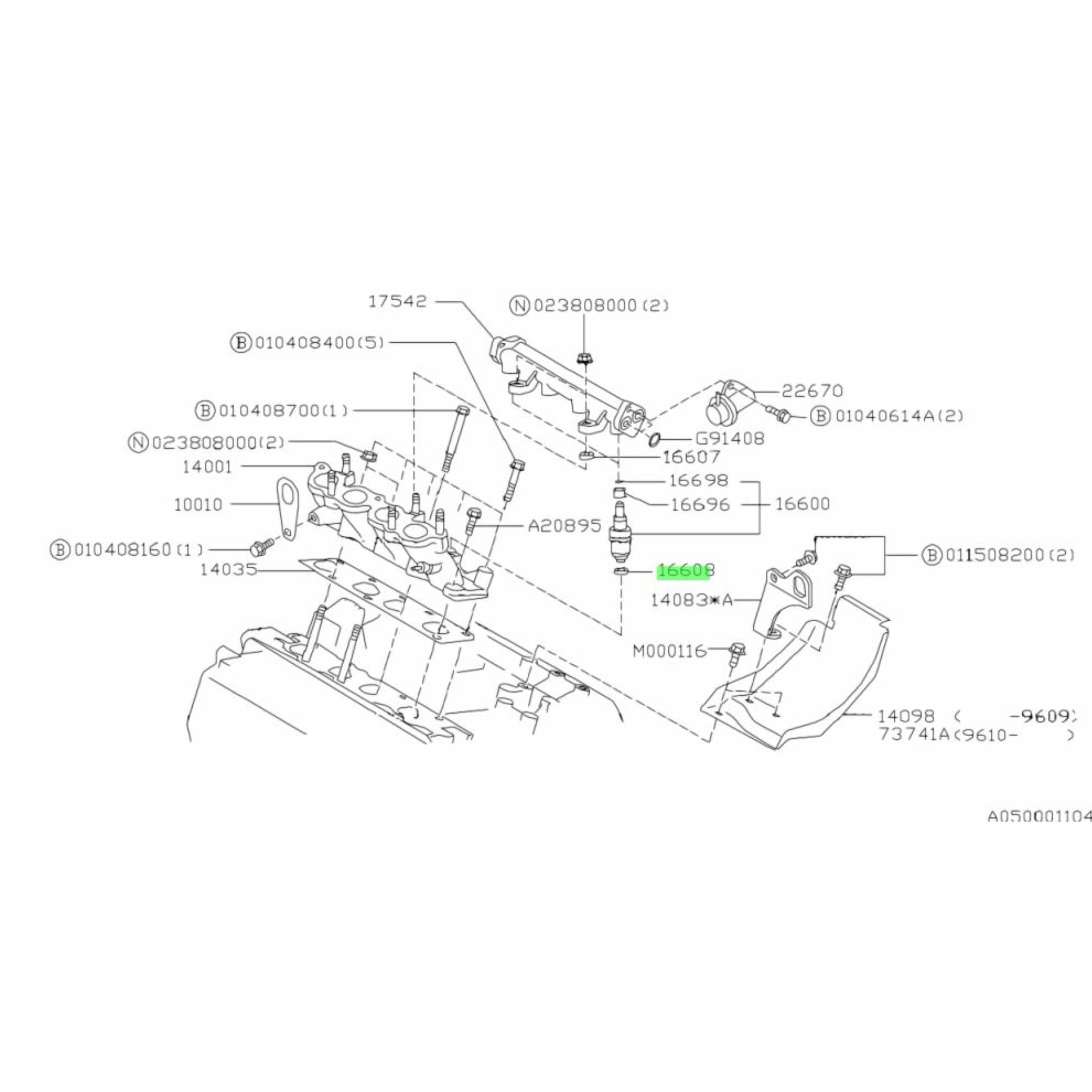 Schematic Diagram of Fuel Injector Assembly for Subaru Sambar Truck - Highlighting the location of the fuel injector seals in the engine system.