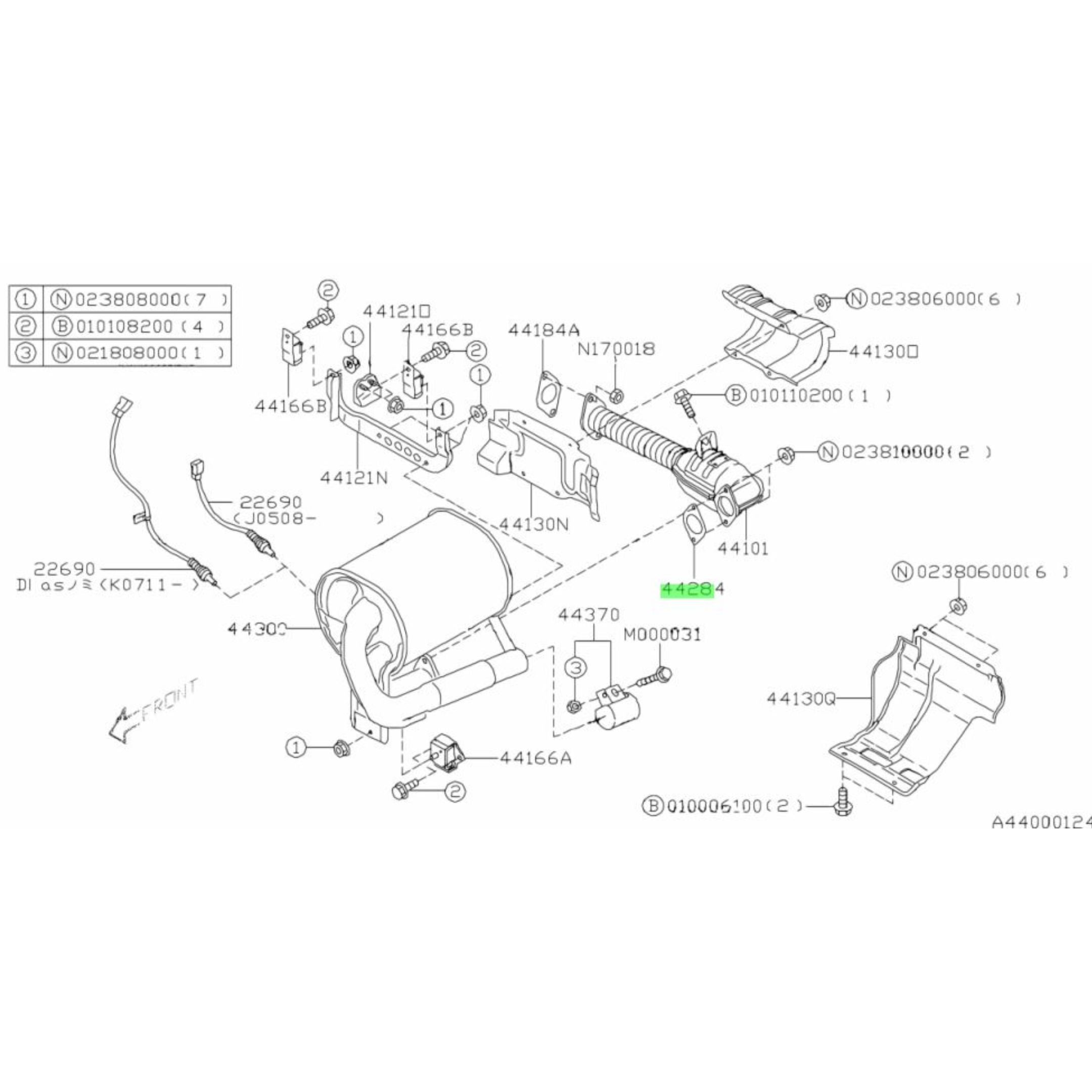Exhaust Flange Gasket placement diagram for Supercharged Subaru Sambar KV3, KV4 Models.