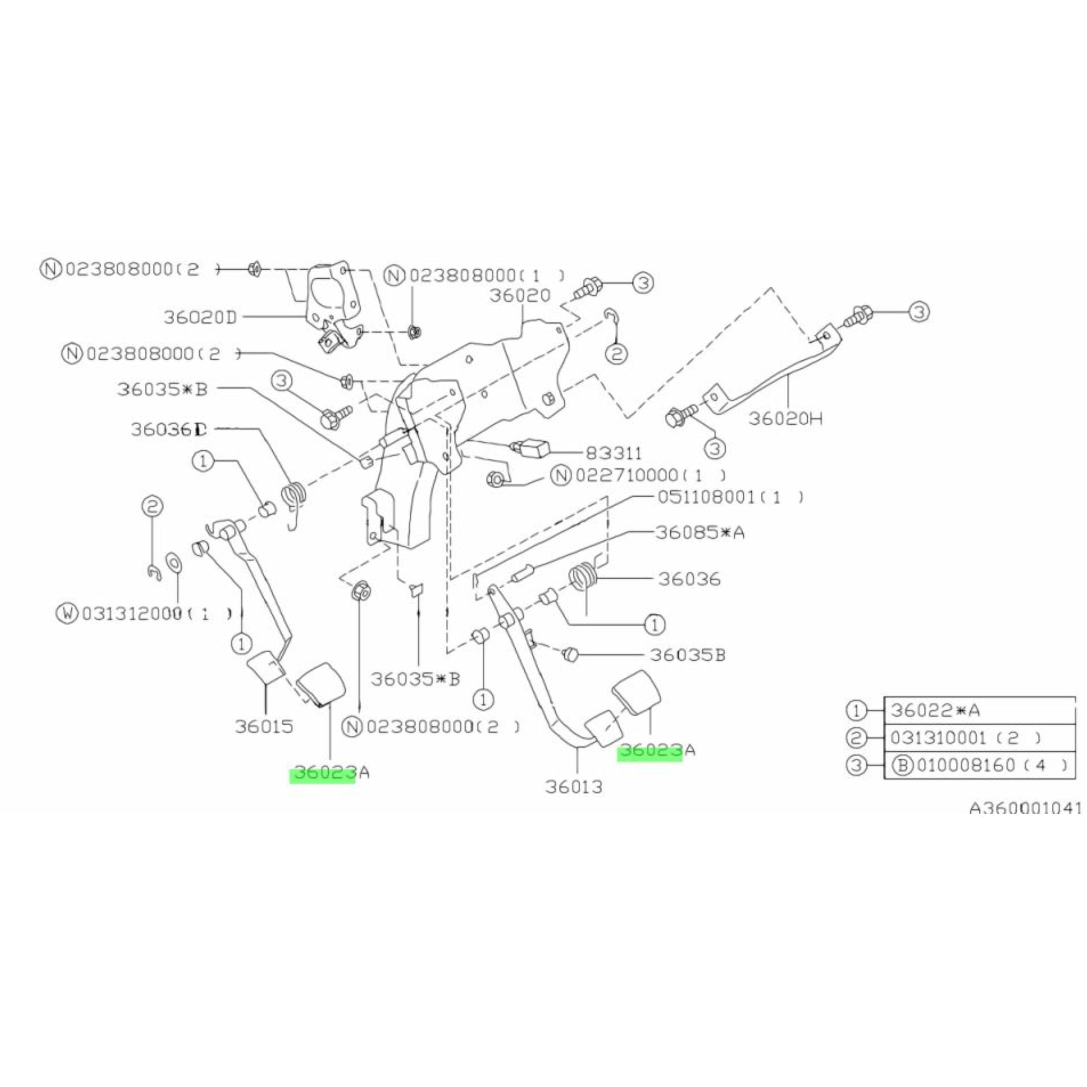 Detailed Diagram Showing Placement of Subaru Sambar Pedal Rubber - OEM Replacement