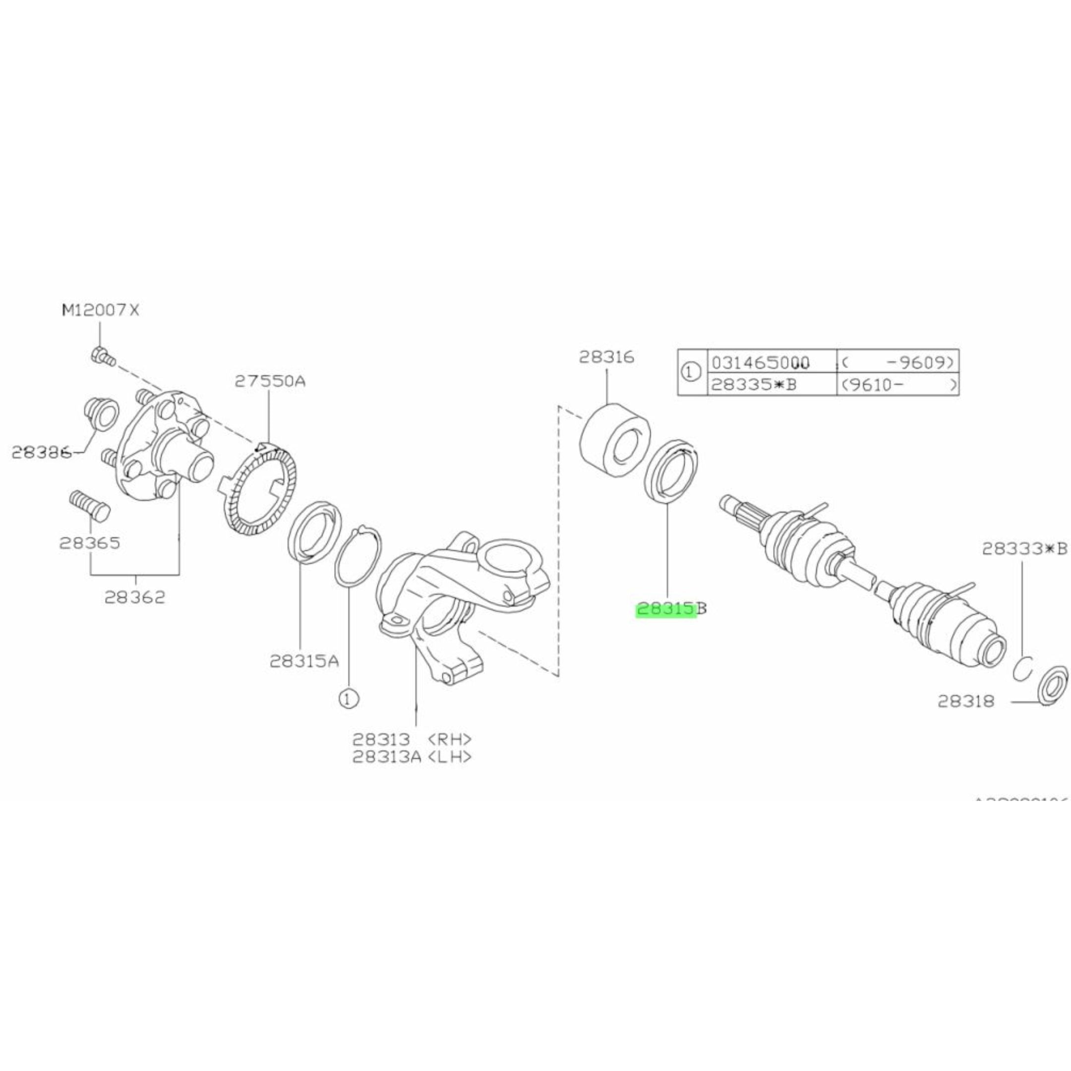 Subaru Sambar Front Axle Inner Oil Seal highlighted in technical diagram for KV3/KV4 models from 1990-1998