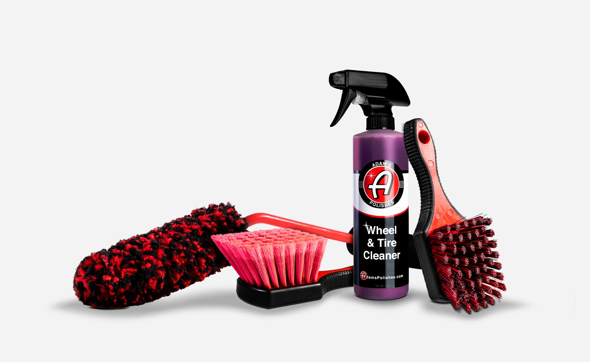 Best Wheel and Tire Cleaner Basic Kit  by Adam's Polishes showcasing the Wheel & Tire Cleaner and red brushes, ideal for OEM & stock wheel cleaning.