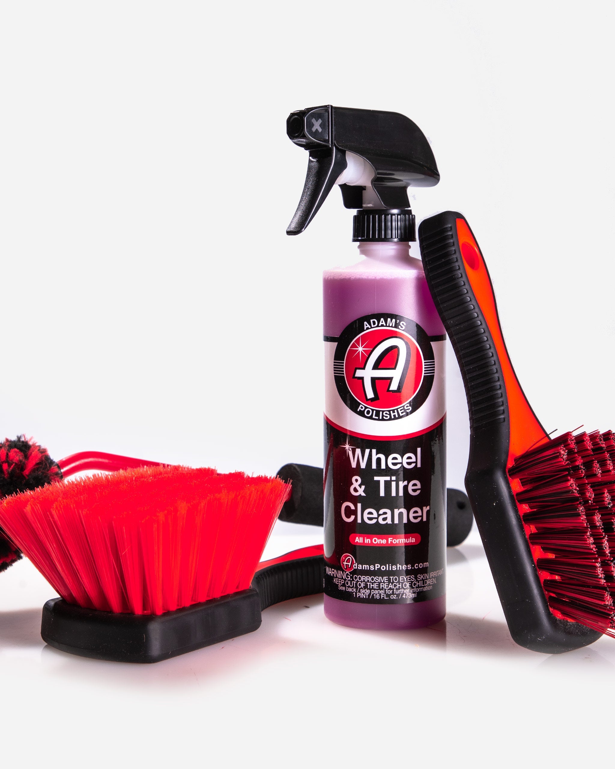 Best Wheel and Tire Cleaner Kit Close-up paired with a red brush for effective OEM & stock wheel maintenance by Adam's Polishes