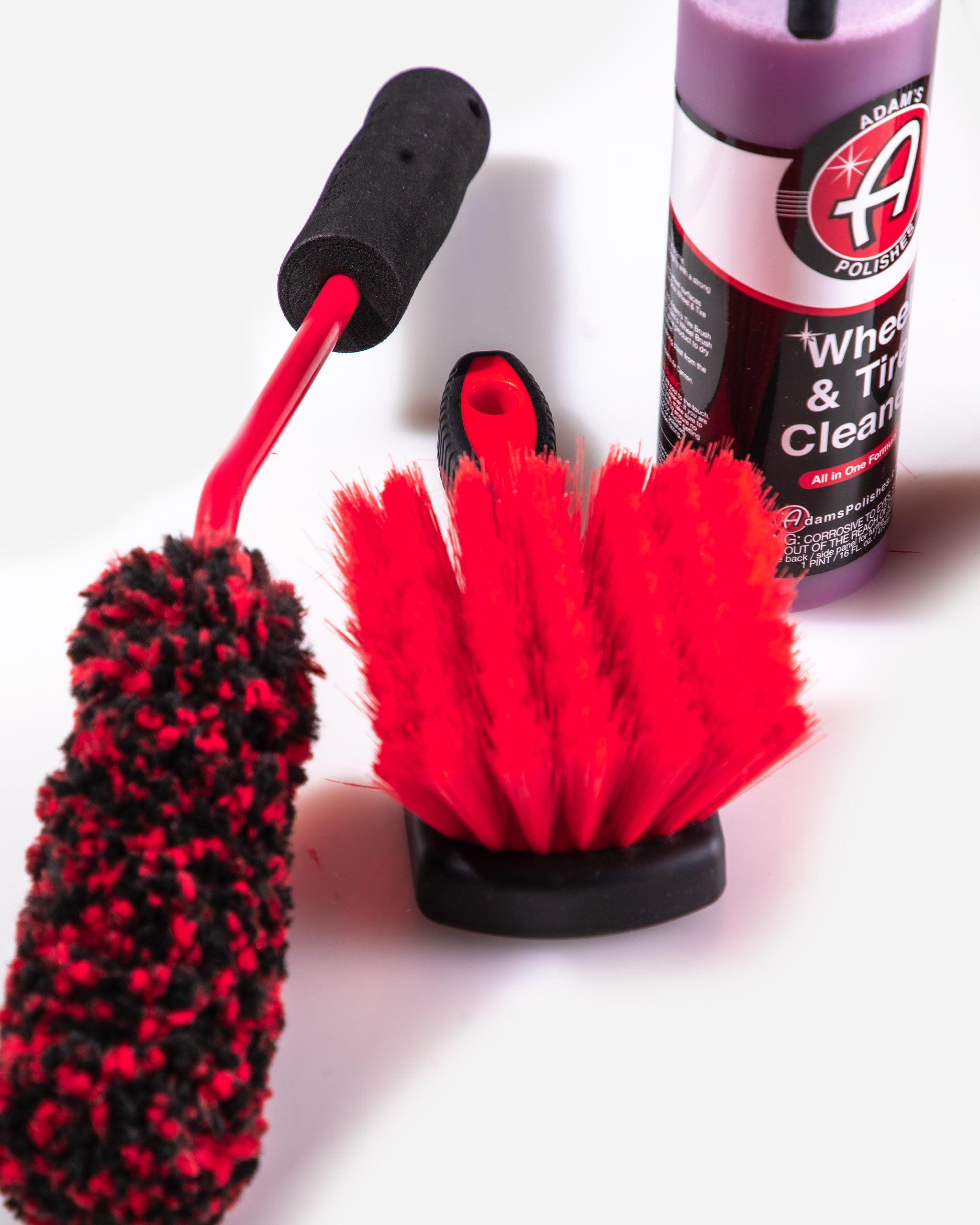 Wheel woolie and red bristle brush included in Adam’s Polishes Best Wheel and Tire Cleaner Basic Kit, perfect for thorough OEM & stock wheel cleaning.