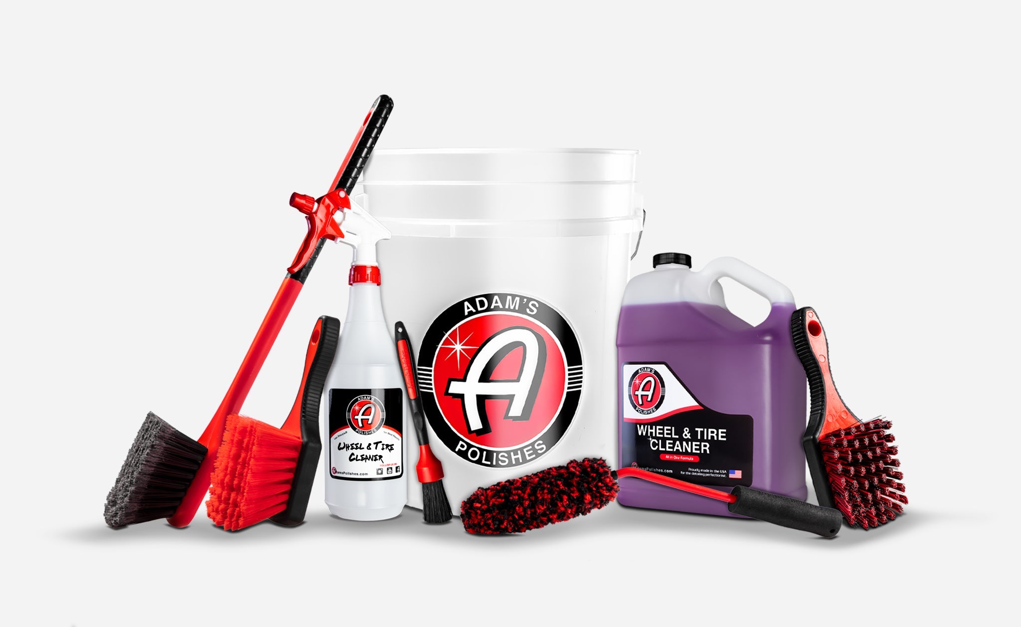 Adam’s Polishes Best Wheel Cleaner Complete Kit for OEM & stock wheels, featuring a 5-gallon detailing bucket, Wheel & Tire Cleaner, and specialized brushes.