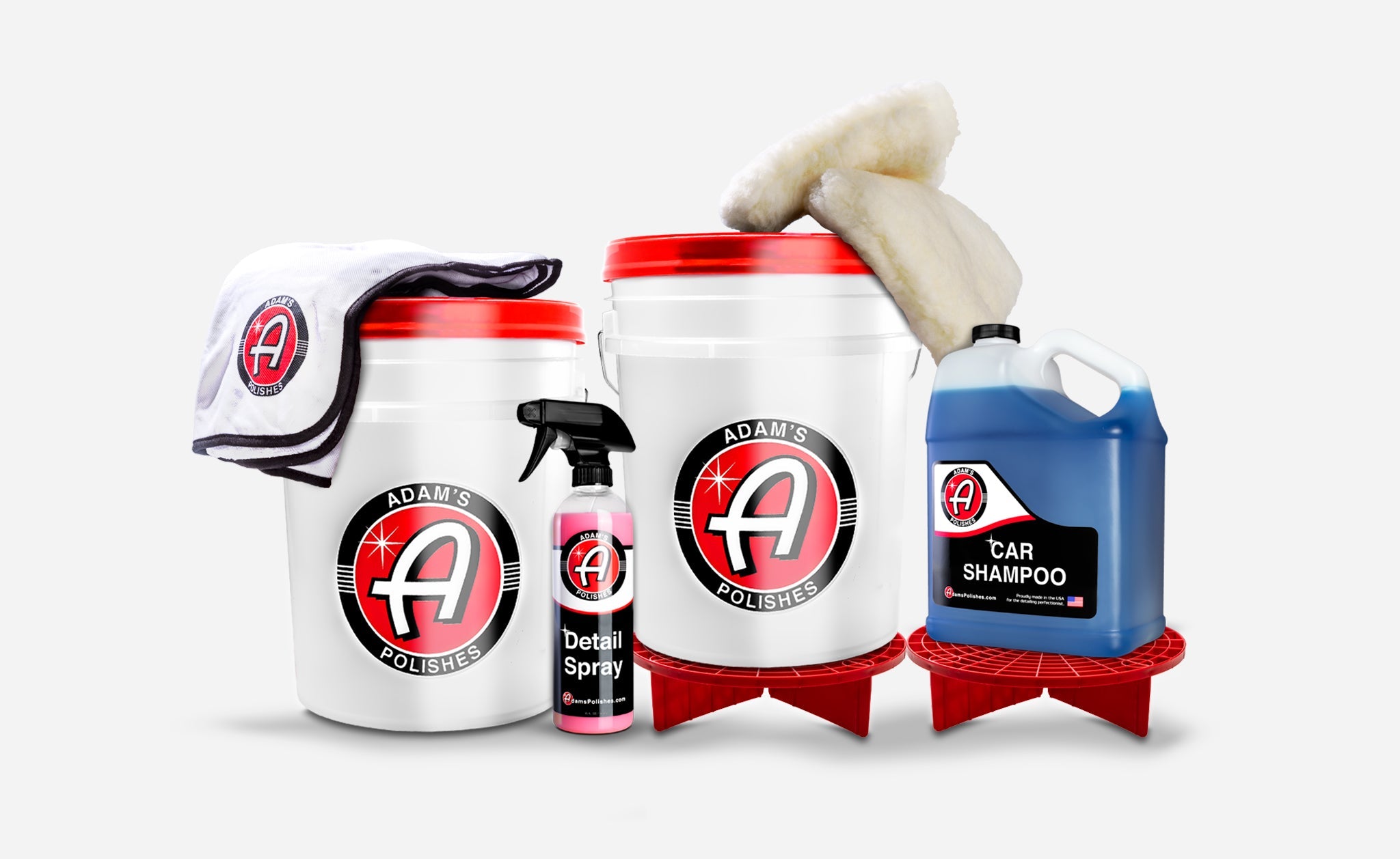 Best Car Wash Kit featuring two Adam’s Polishes buckets, Car Shampoo, Detail Spray, a plush wash pad, and a microfiber towel for a complete 2-bucket wash.