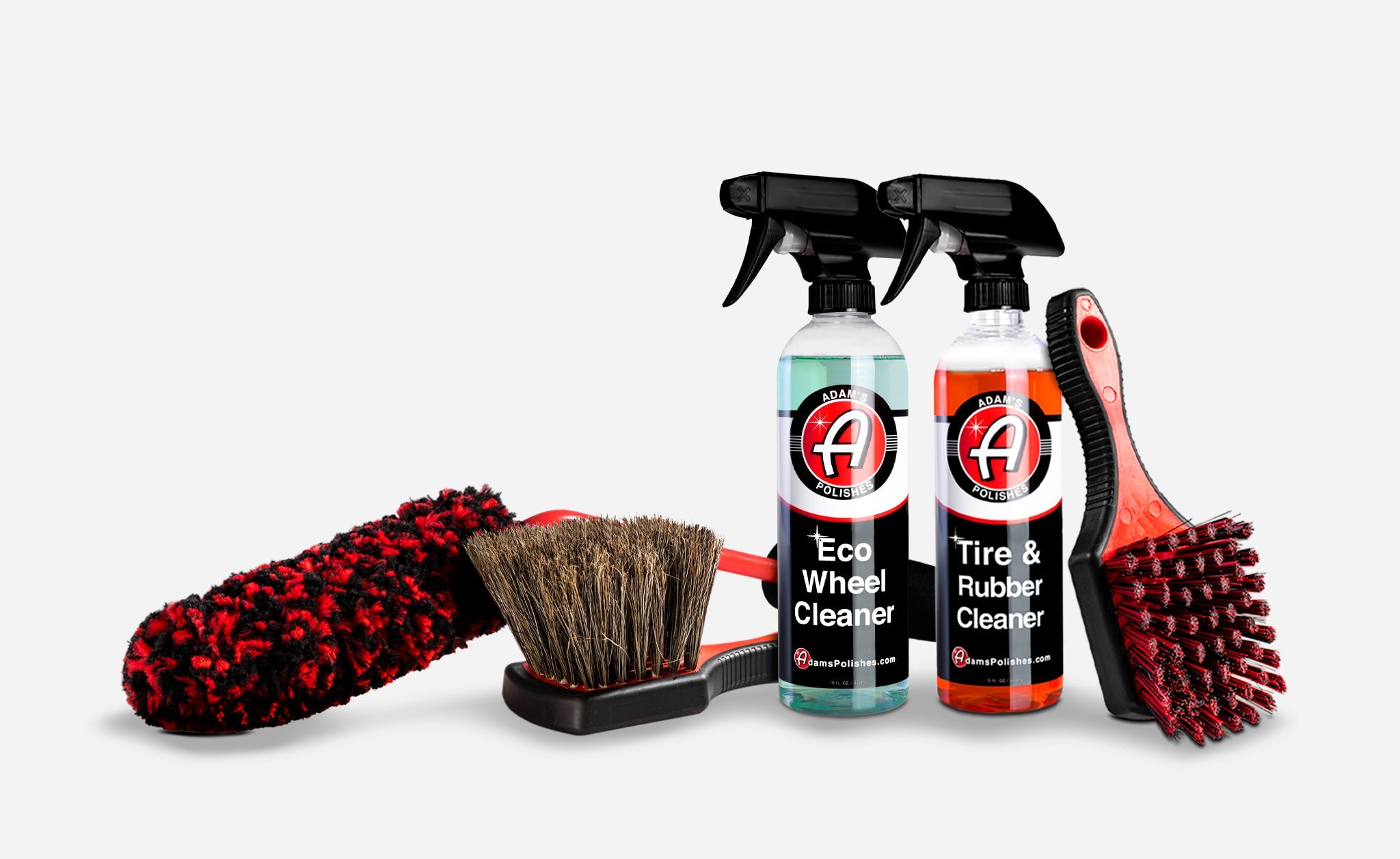 Adam’s Polishes Best Wheel Cleaner Basic Kit featuring Eco Wheel Cleaner, Tire & Rubber Cleaner, and premium brushes for safe, scratch-free cleaning.