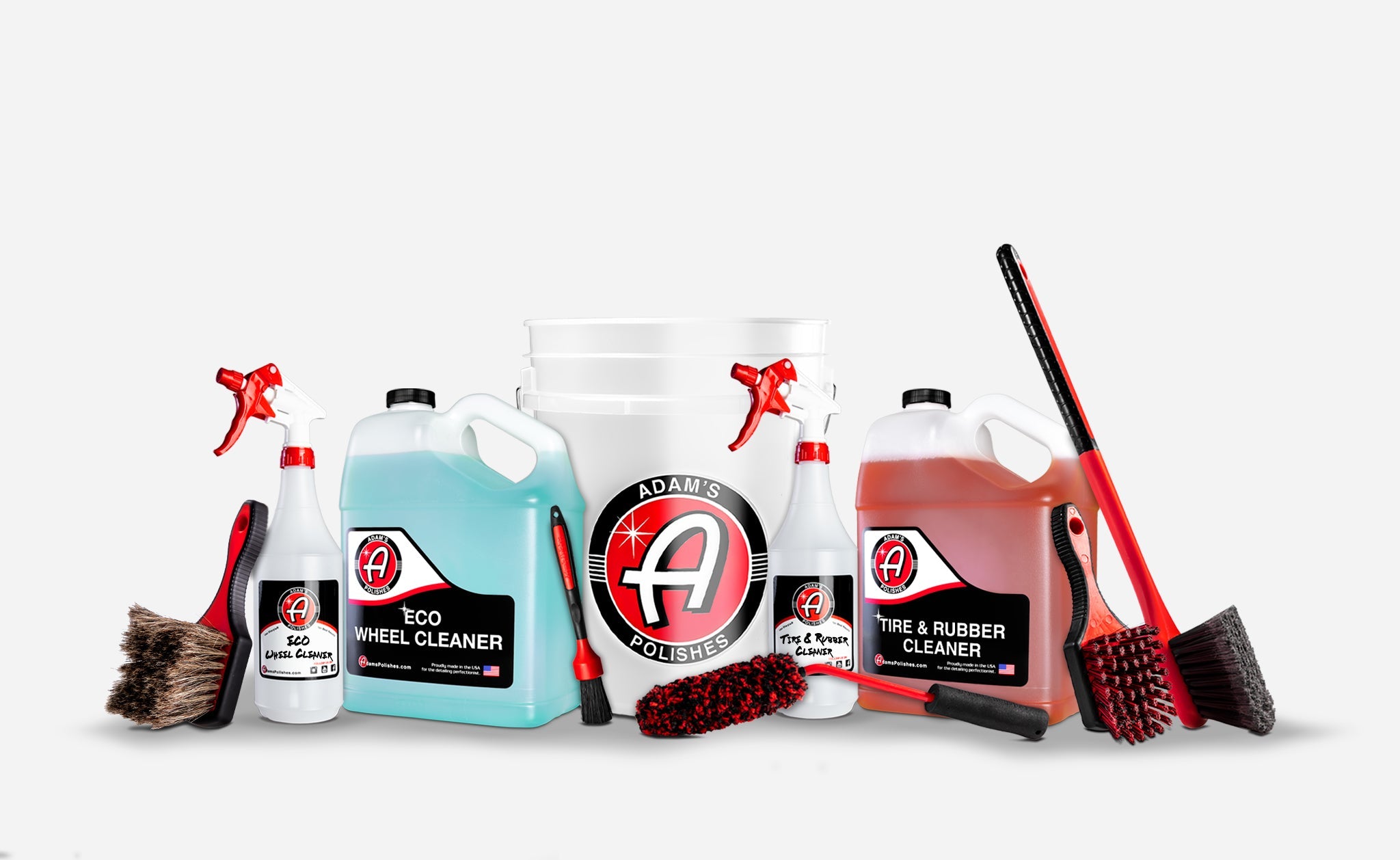Adam’s Polishes Best Wheel Cleaner kit featuring Eco Wheel Cleaner, Tire & Rubber Cleaner, a 5-gallon bucket, and premium brushes for safe, scratch-free cleaning of aftermarket or delicate wheel finishes.