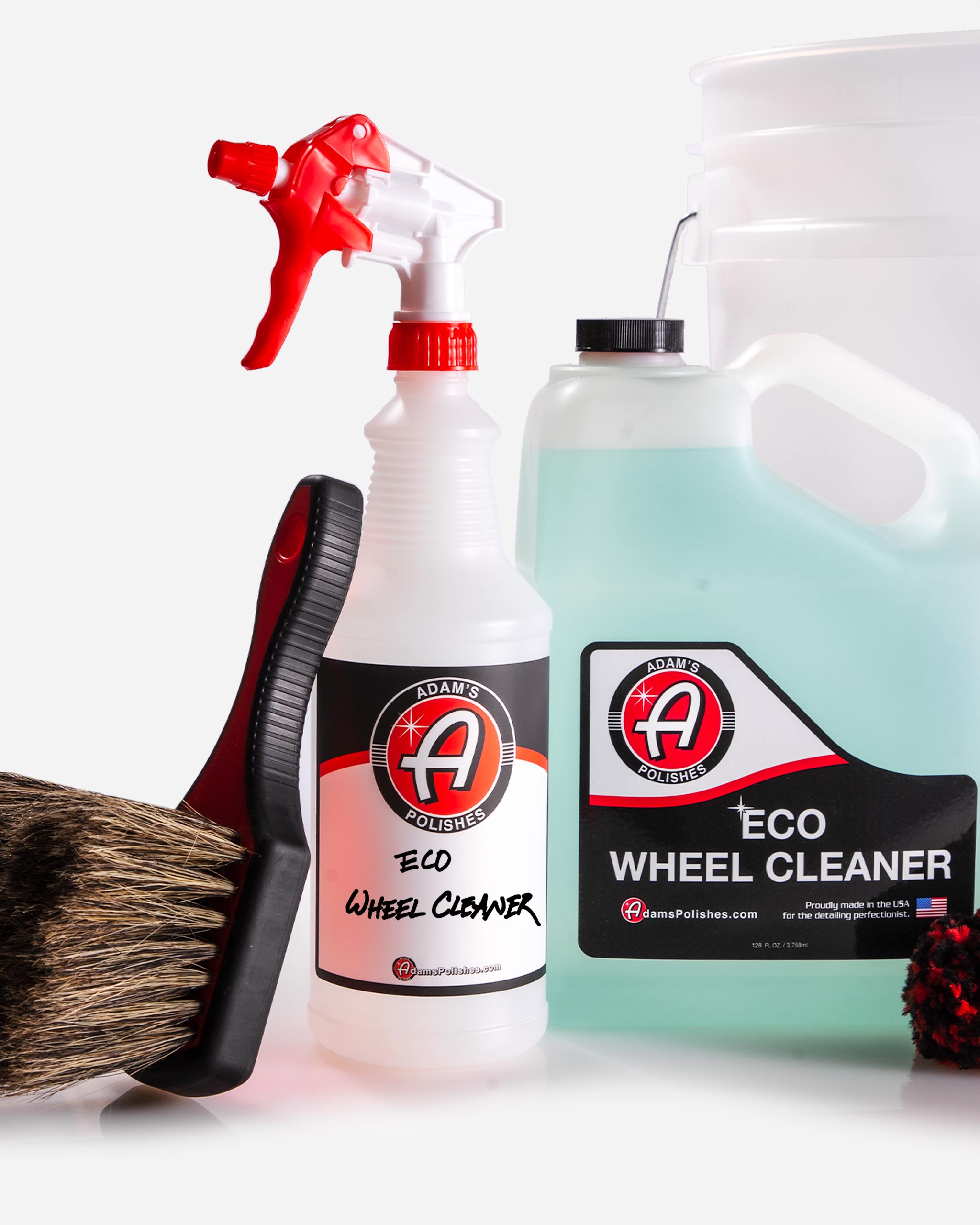 Close-up of Adam’s Polishes Eco Wheel Cleaner from the Best Wheel Cleaner kit, showcasing a gentle formula for matte, aluminum, chrome, and powder-coated wheels, paired with a boar’s hair brush for safe, non-abrasive cleaning.