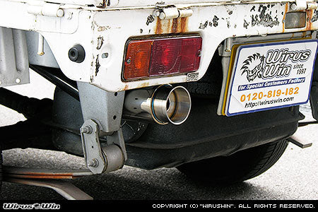 Wirus Win Compact Bazooka Muffler in silver for Suzuki Carry Truck models DC51T, DC51B, DD51T, DD51B (1991-1999) with angle type headlight, 147 cm length.