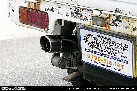 Wirus Win Compact Popper Muffler for Suzuki Carry Truck models DC51T, DC51B, DD51T, DD51B (1991-1999) featuring a sleek black finish and angle type headlight compatibility.