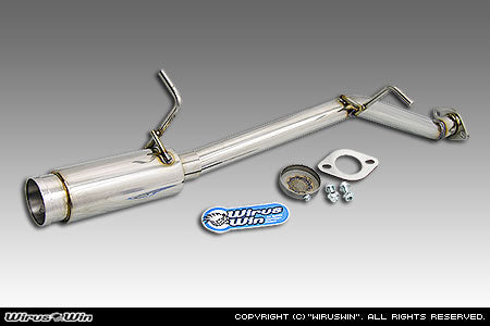 Wirus Win Compact Bazooka Muffler for Suzuki Carry Truck models GD-DA52T, GD-DB52T, LE-DA62T, LE-DA63T (1999-2005), featuring a sleek silver exhaust design with installation components.