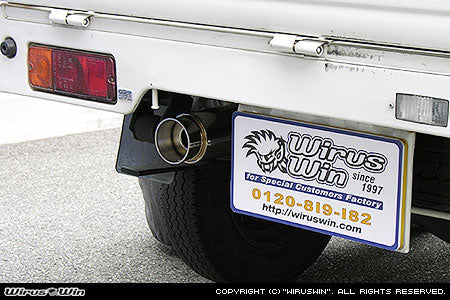 Wirus Win Compact Bazooka Muffler for Suzuki Carry Truck models GD-DA52T, GD-DB52T, LE-DA62T, LE-DA63T (1999-2005), featuring a sleek silver design.