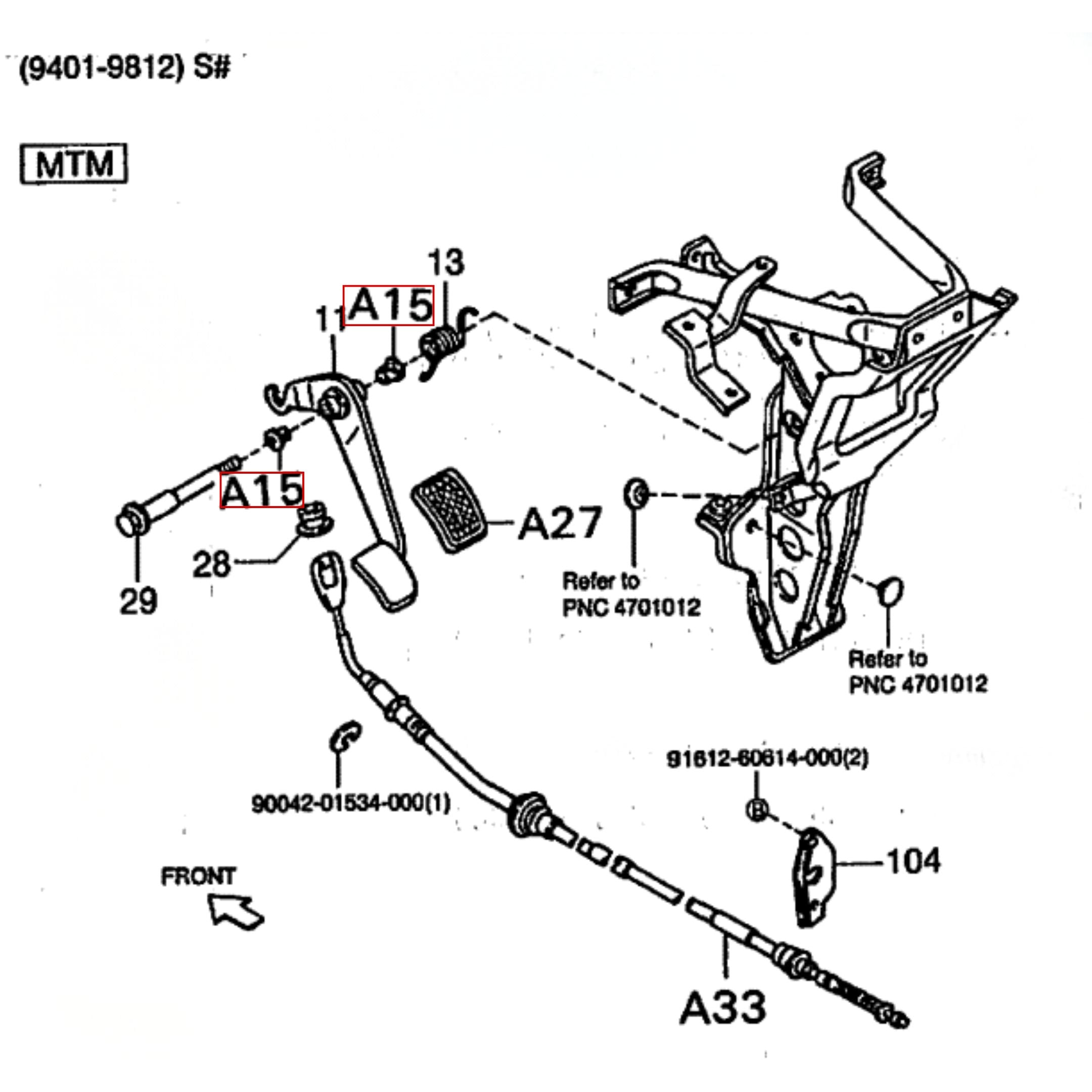 Clutch Pedal Bushings for Daihatsu Hijet S100-S130 models (1994-1998) shown in a detailed mechanical diagram.