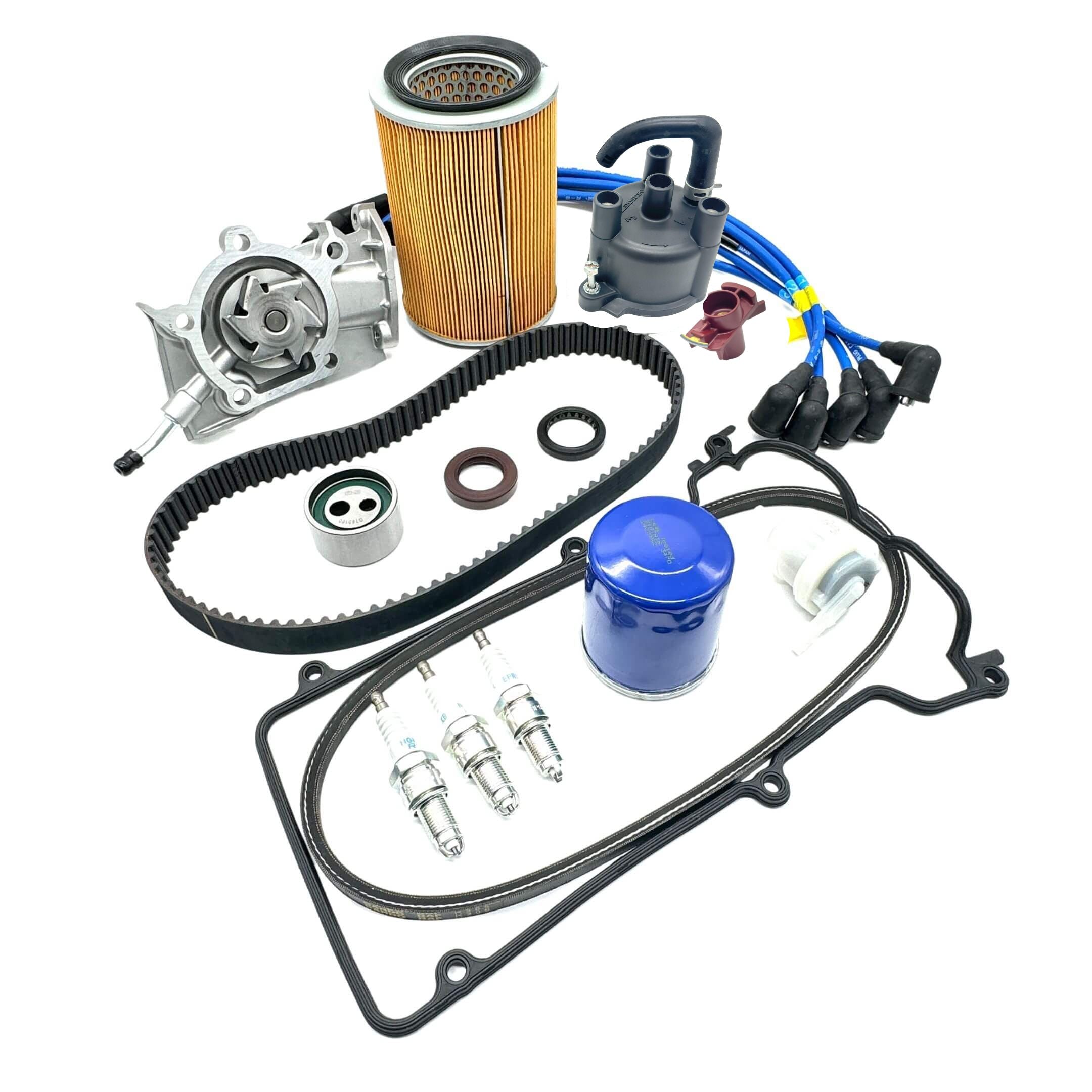 Complete 19-piece timing belt and ignition service kit for Daihatsu Hijet S100P/S110P EFES engines—includes belt, water pump, seals, distributor parts, filters, and plugs.