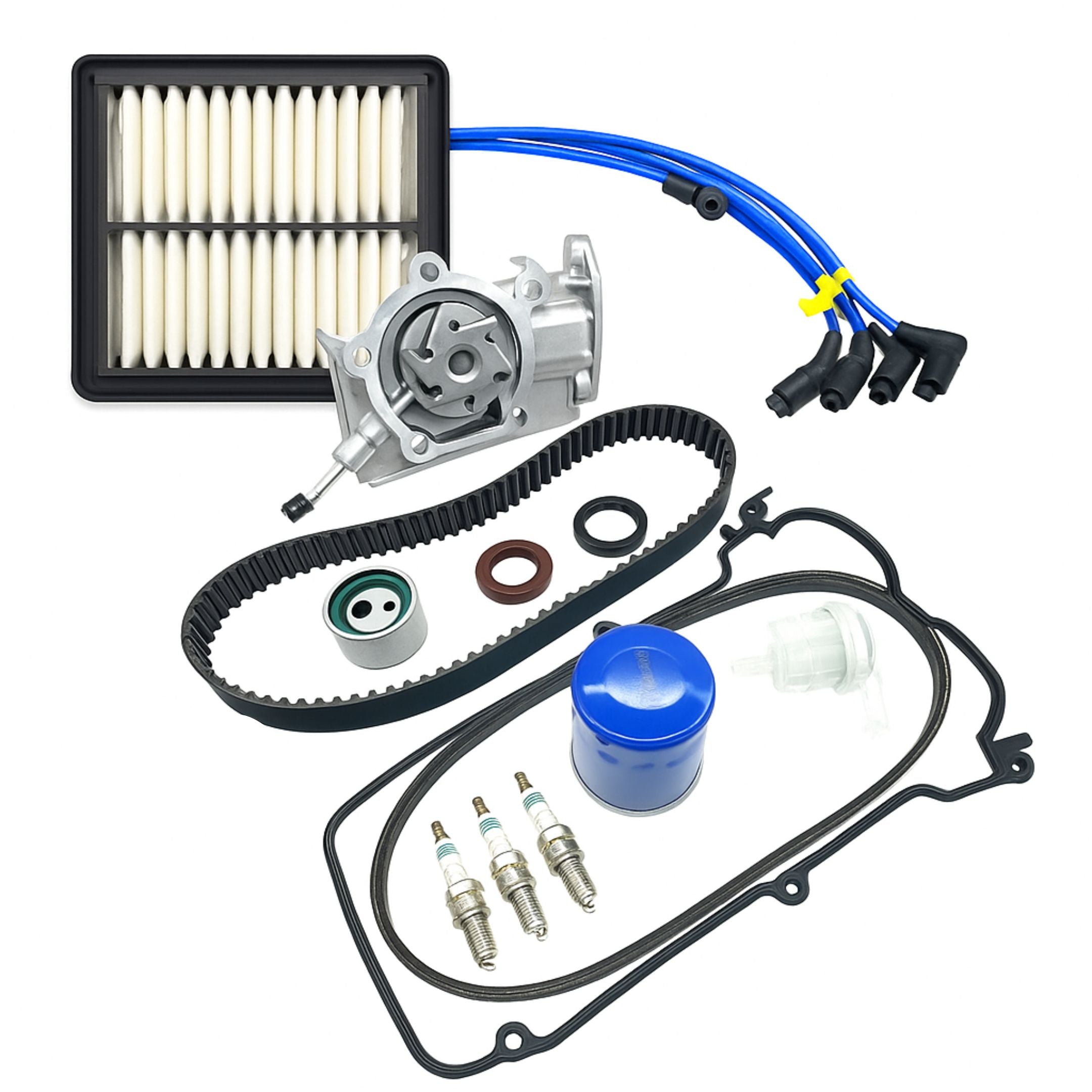 17-piece timing belt and ignition kit for Daihatsu Hijet EFTS engines including belt, plug wires, spark plugs, water pump, filters, gasket, and seals.