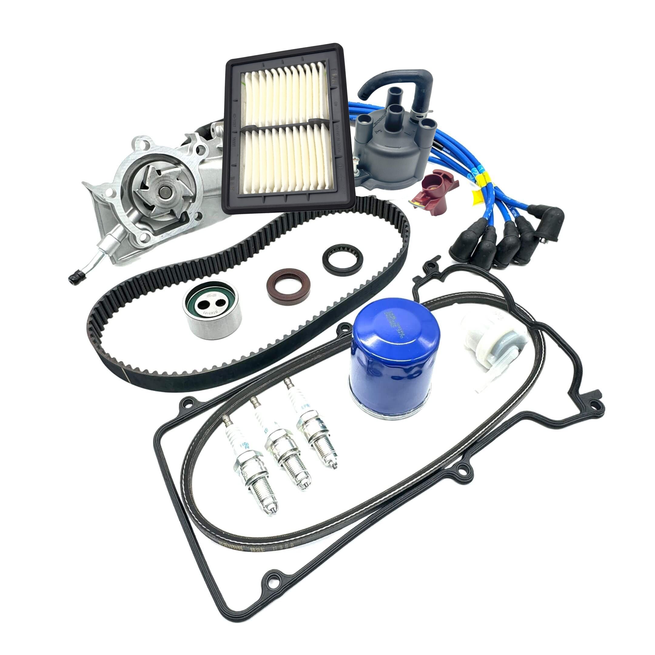 Complete 19-piece timing belt and ignition kit for Daihatsu Hijet S120/S130 EFTS engines with belt, water pump, seals, filters, distributor parts, plugs, and wires.