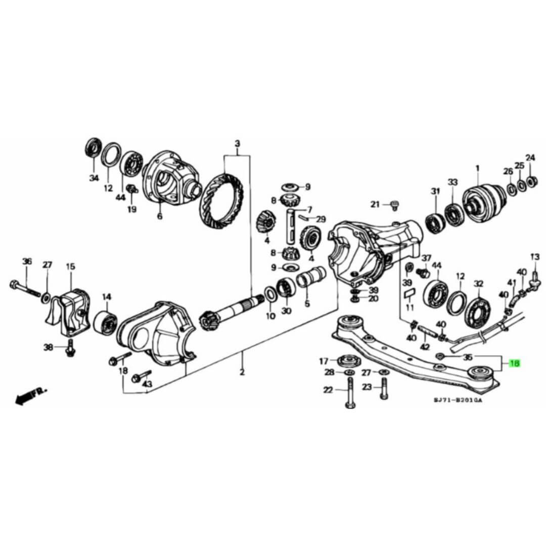 Front Differential Mounting Assembly for Honda Acty Truck HA3, HA4 Models (1990-1999) featuring detailed exploded view of components.
