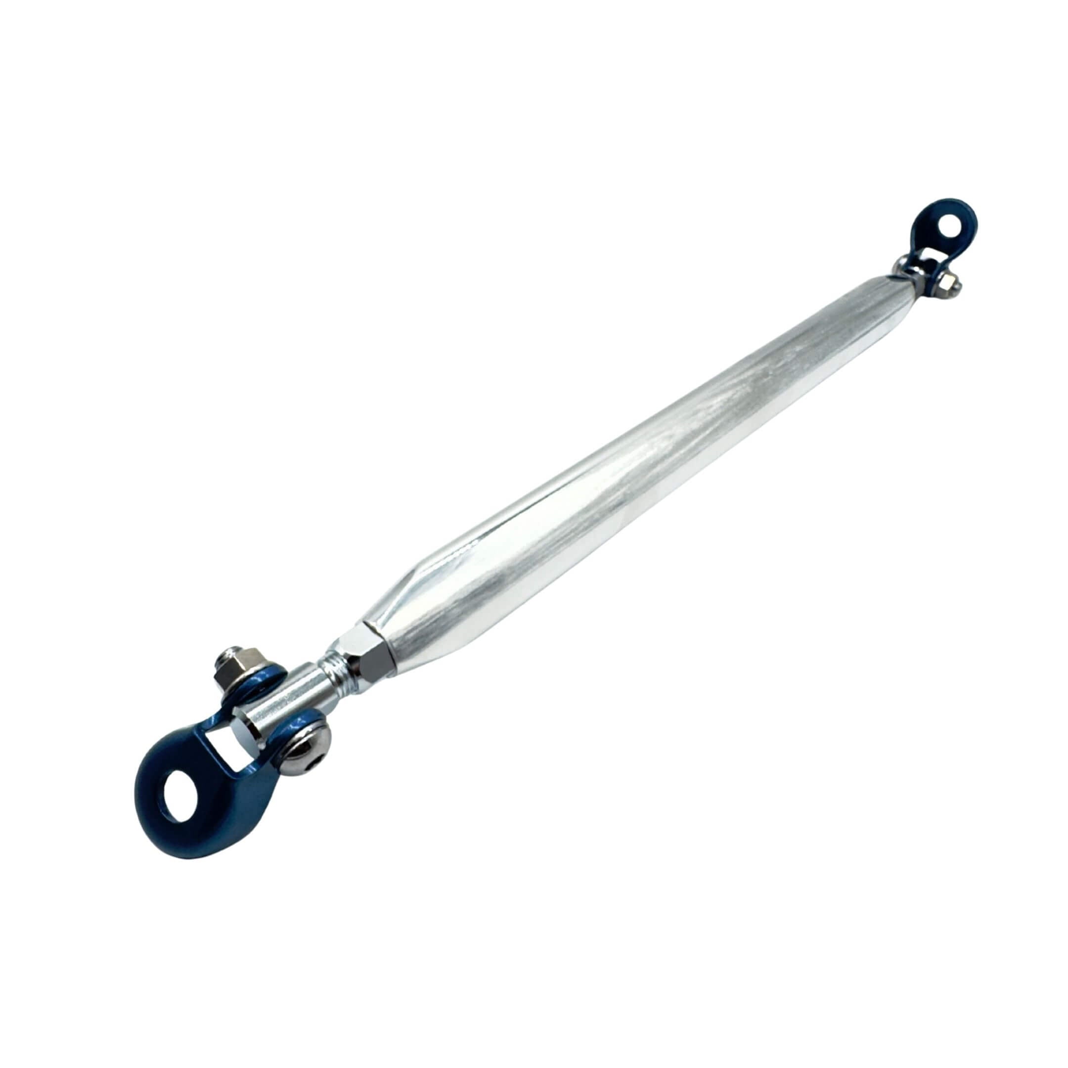 Front Lower Arm Bar by Kawai Manufacturing for Honda Acty Truck HA6, HA7 Models (1999-2009) featuring a sleek metallic design with blue end fittings.