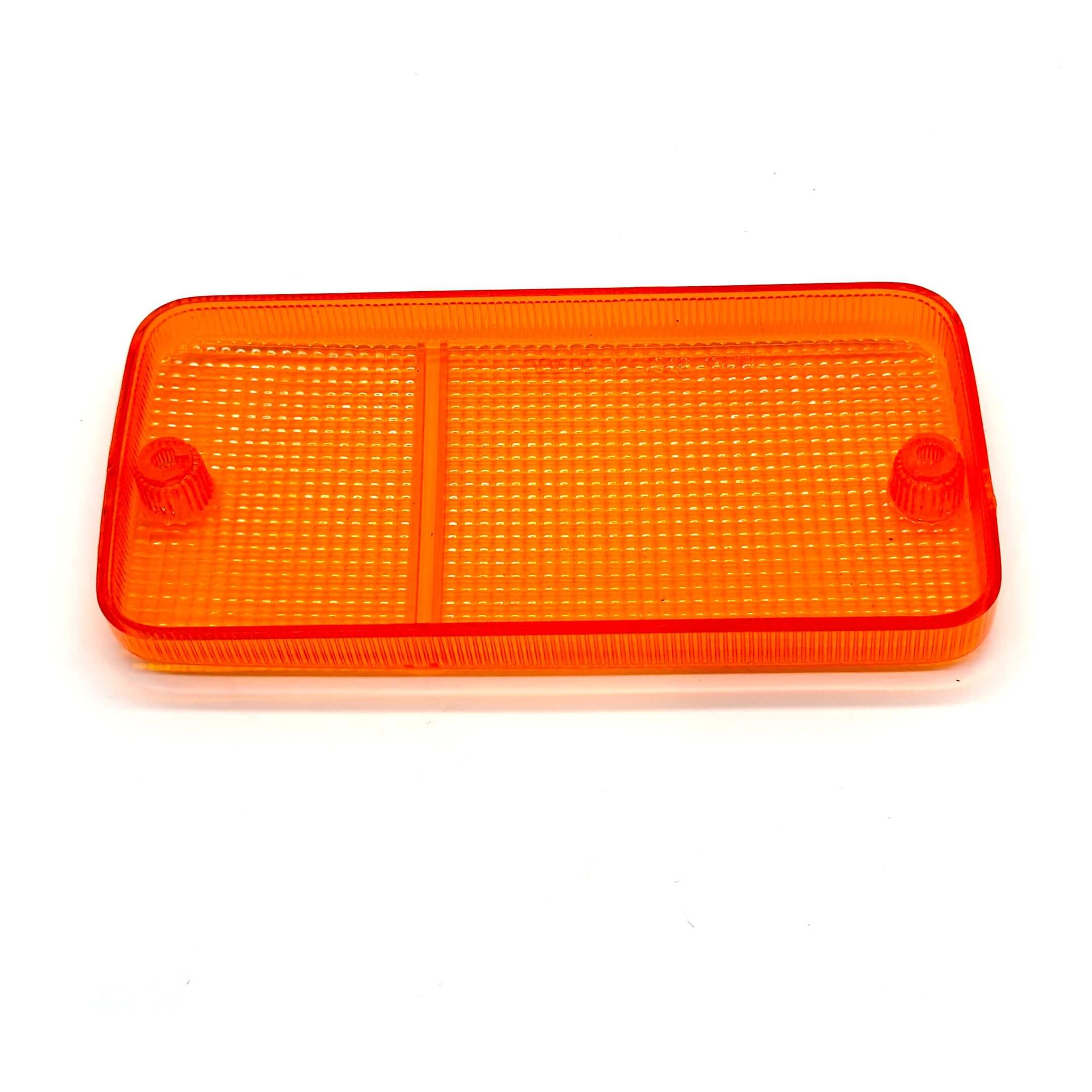 Front bumper light lens - left side - in bright orange for Honda Acty Truck HA1, HA2, HA3, HA4 models (1988-1999), featuring a rectangular design with textured surface and mounting points.