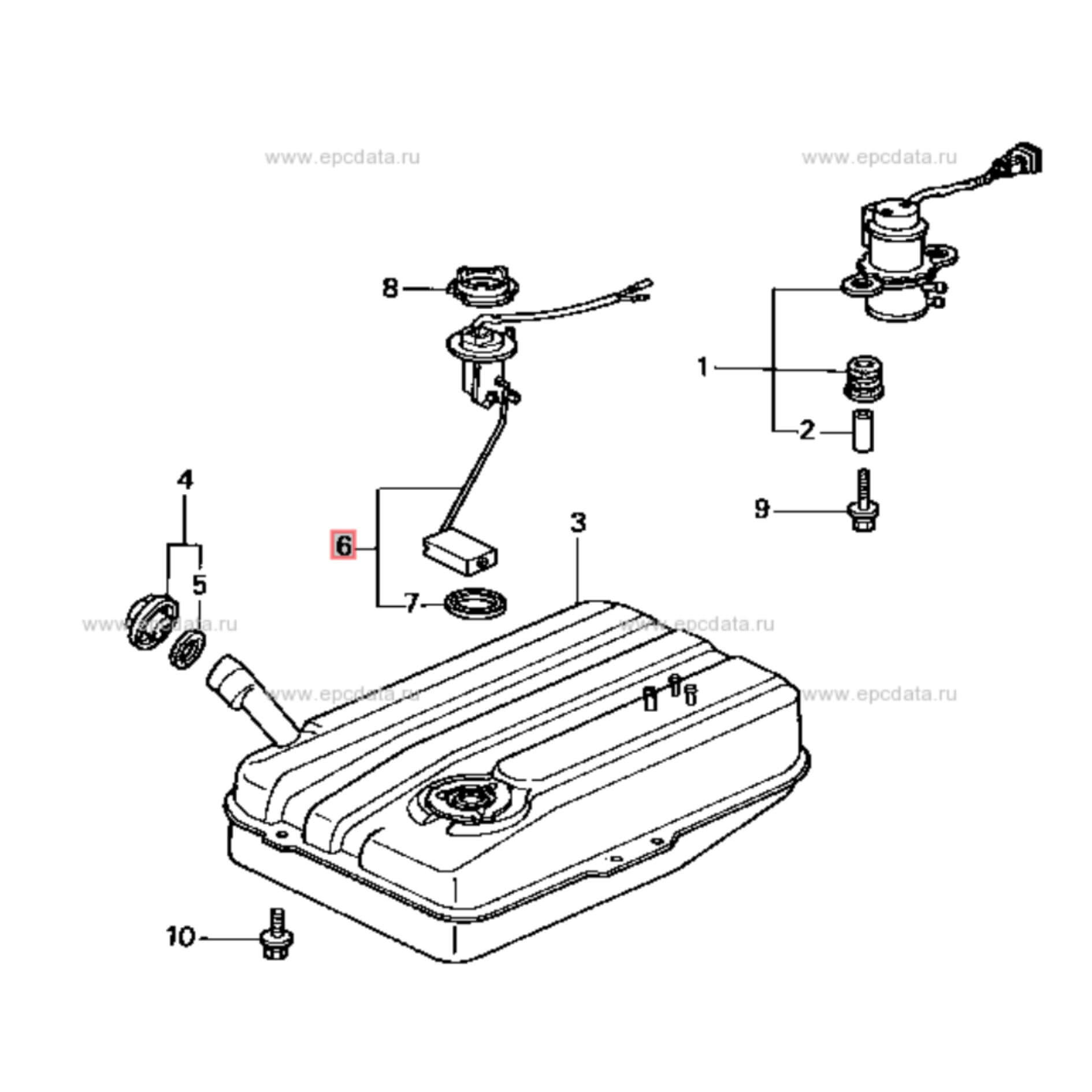Honda parts diagram showing fuel tank and sender unit 37800-sj6-003 placement for Honda Acty Truck HA3, HA4 models 1990-1999.