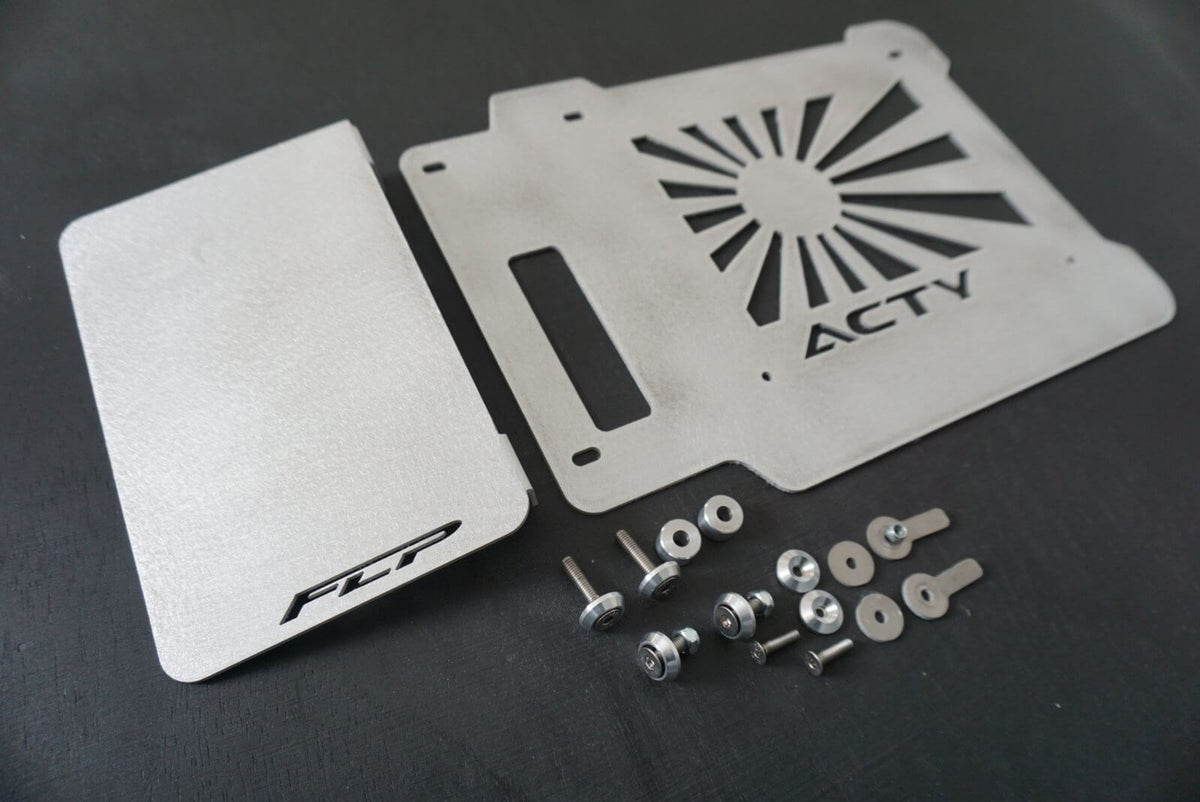 Rising Sun Battery Cover for Honda Acty Truck, silver metal with cut-out design, includes mounting hardware and screws