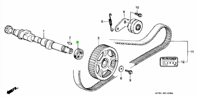Diagram showing camshaft oil seal position for Honda Acty Van HH5 HH6 using OEM 91203-PFB-013 for 1999–2019 engines.
