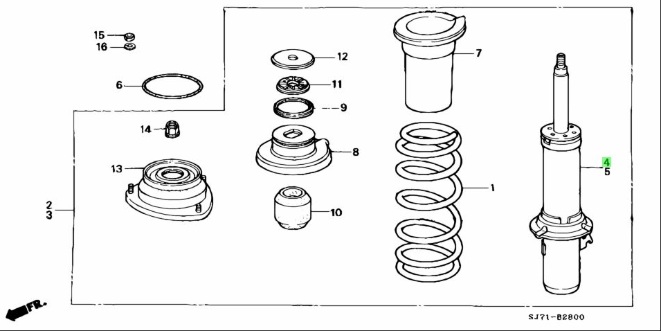 Exploded diagram view of Honda Vamos front strut assembly, identifying components and assembly order for models HM1, HM2.