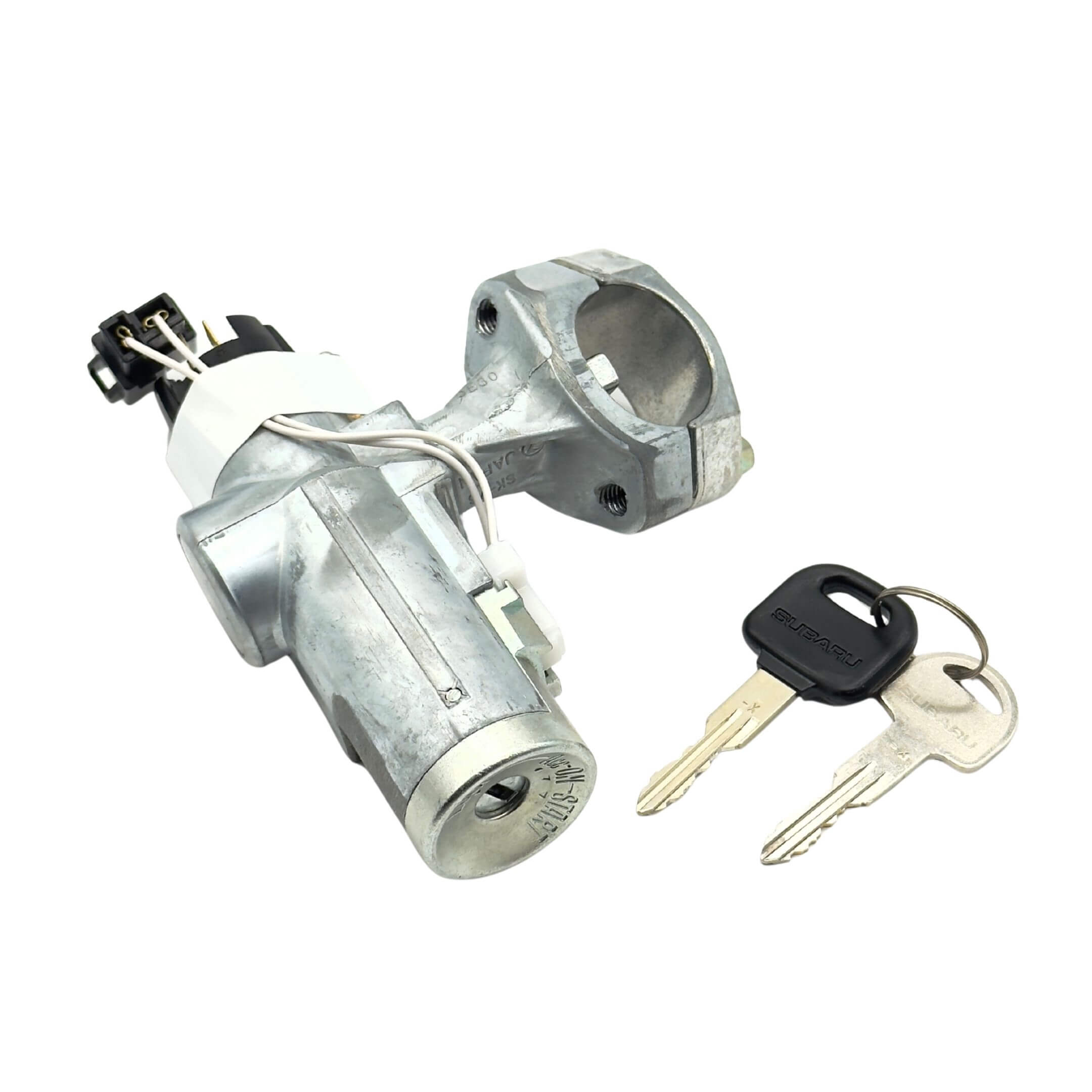 Ignition Switch & Steering Lock Assembly for Subaru Sambar Truck TT1, TT2 Models (1999-2012) featuring metal housing and two keys.