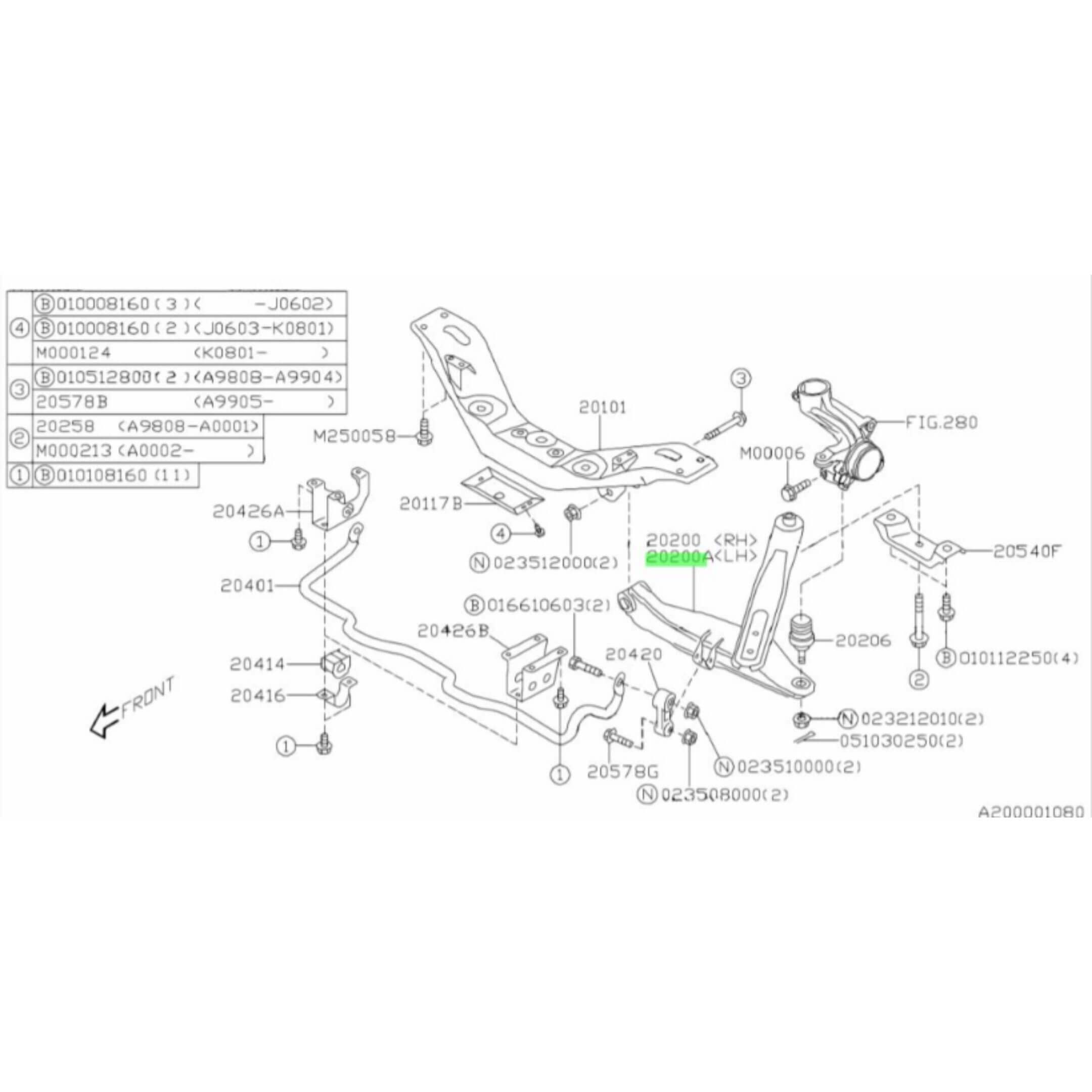 Lower Control Arm - Left for Subaru Sambar Van TV1, TV2 Models (1999-2012) with detailed diagram and part numbers.