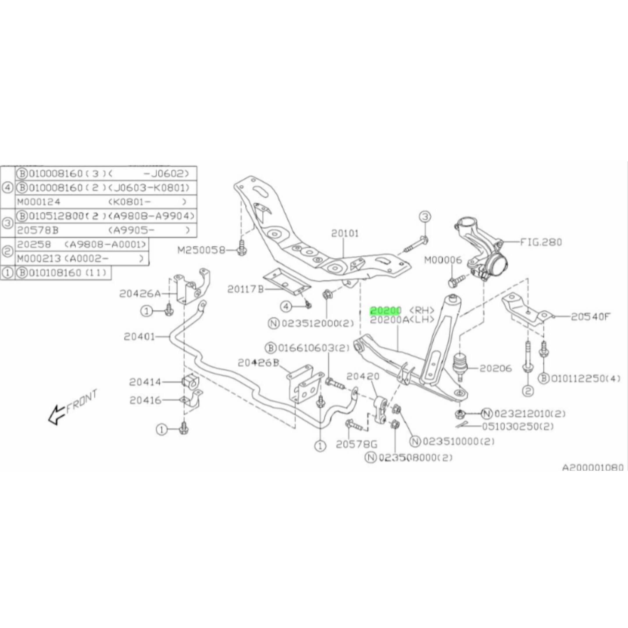 Lower Control Arm - Right for Subaru Sambar Van TV1, TV2 Models (1999-2012) featuring detailed assembly diagram.