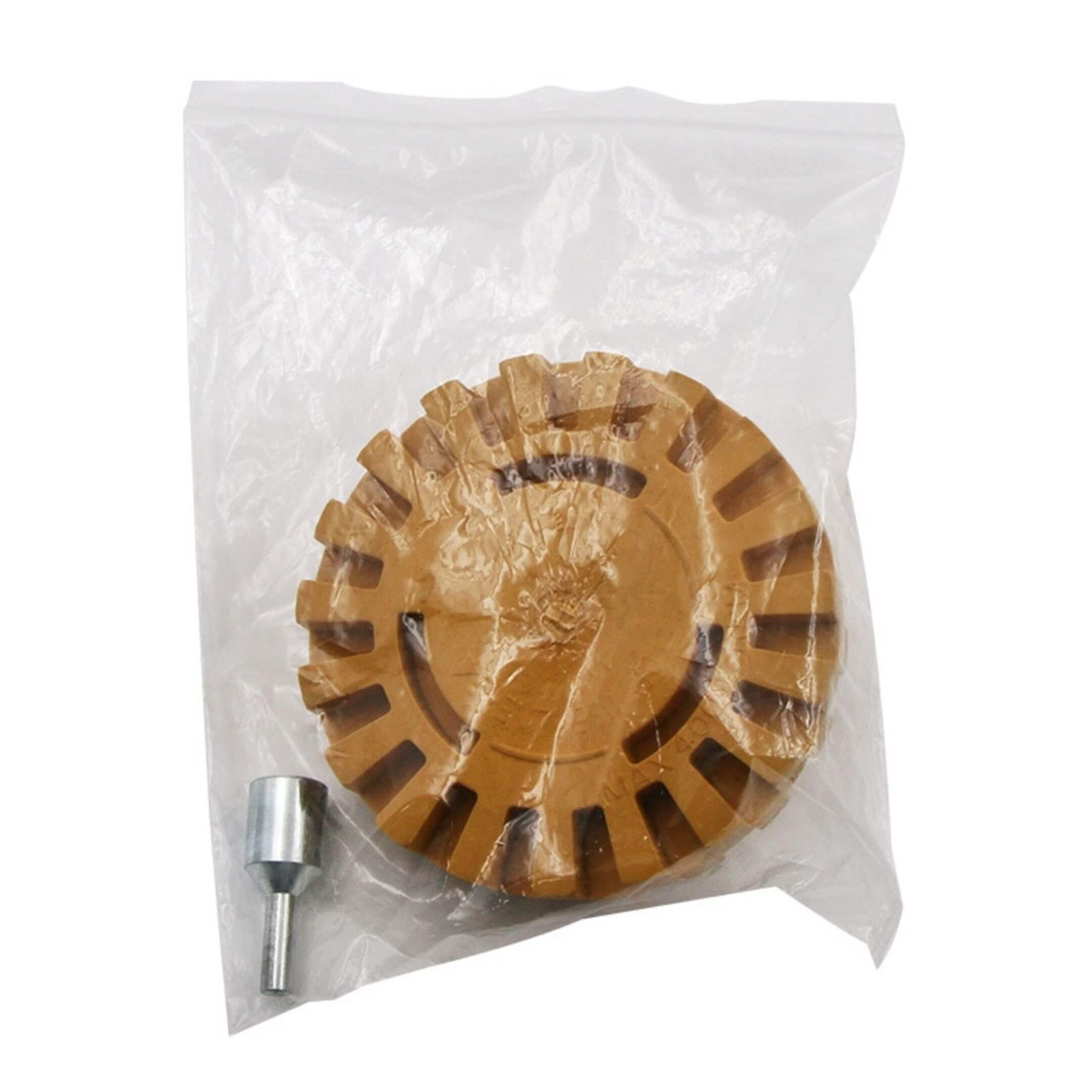 Packaged 4in rubber eraser wheel kit with adapter for Kei truck decal and sticker removal.