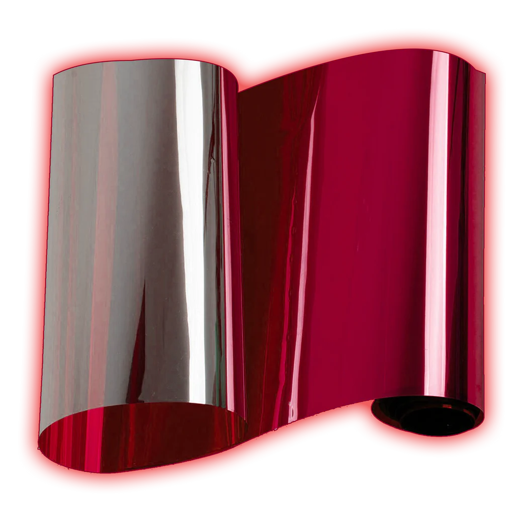 Omnique Vulcan Red mirror tint roll, glossy and dark as limo tint, coiled for display.