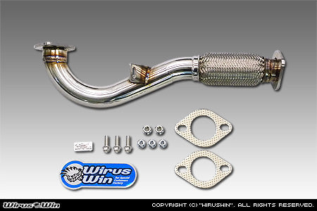 Stainless steel Subaru Sambar Exhaust Front Pipe with catalytic converter by Wirus Win, compatible with GDTT1, GDTT2, LETT1, LETT2 models from 2001-2012, includes gaskets and mounting hardware.
