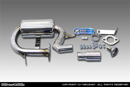 Wirus Win Compact Racing Muffler with Catalytic Converter, stainless steel exhaust system for Subaru Sambar Van GD-TV1/TV2, LE-TV1/TV2, GF-TW1/TW2, TA-TW1/TW2 models (2001-2012), featuring a comple...