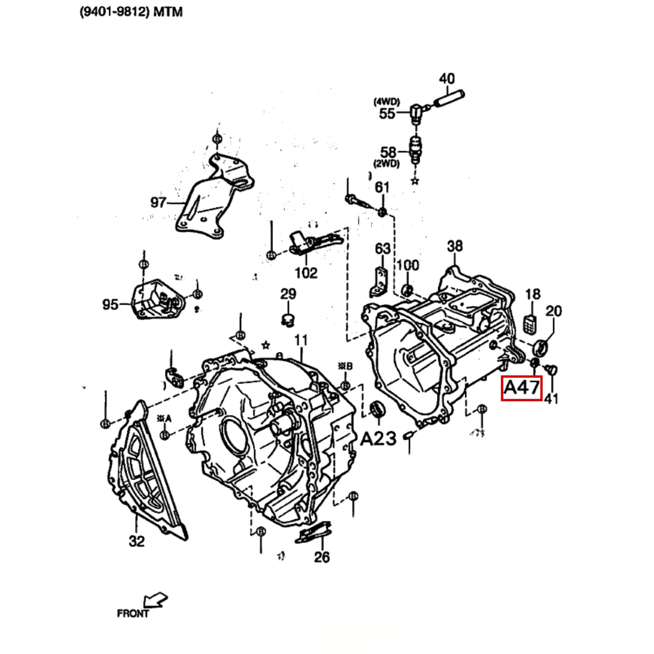 Screw Plug Gasket for Manual Transmission in Daihatsu Hijet S100-S130 models (1994-1998) with detailed assembly diagram.