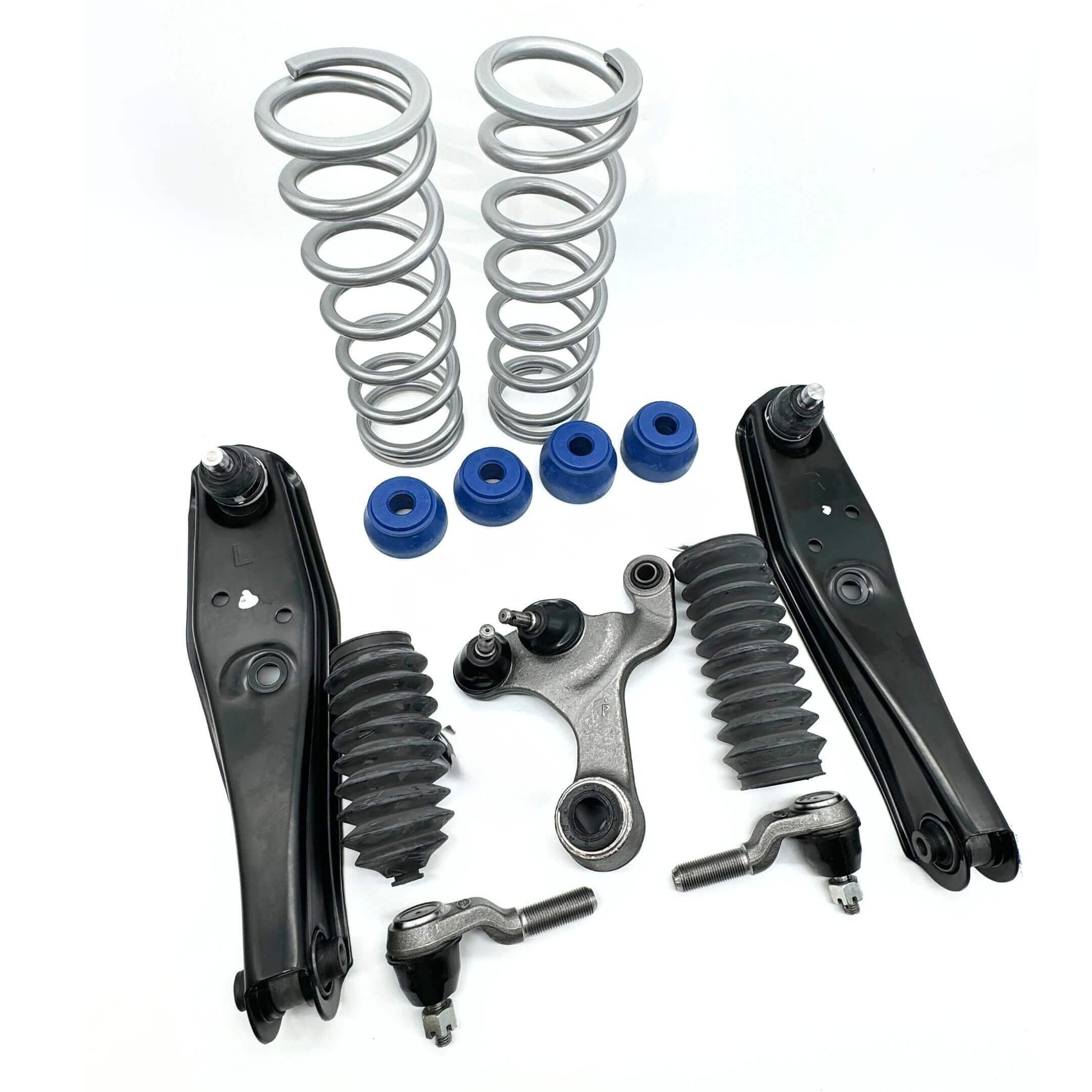 Honda Acty HH3 HH4 1990-1999 steering suspension upgrade kit with lowering springs, front lower control arms, center link arm, tie rod ends, steering rack boots, and blue polyurethane bushings on white background