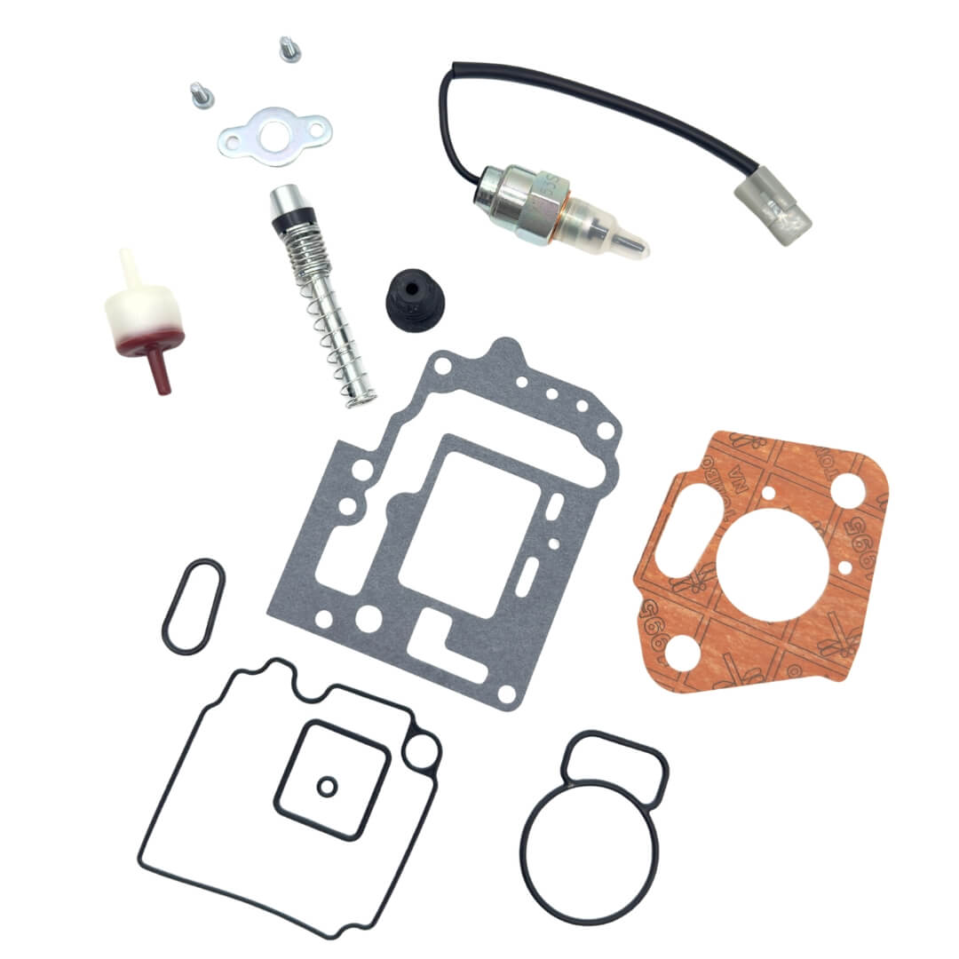 14-piece carburetor gasket rebuild kit for 1990-1998 Subaru Sambar KV3 and KV4 trucks, showing part numbers 16293KA020, 16186KA030, 16158KA200, 16173KA141, 14958KA080, 16151KA000 and 16196KA130 arranged diagonally.