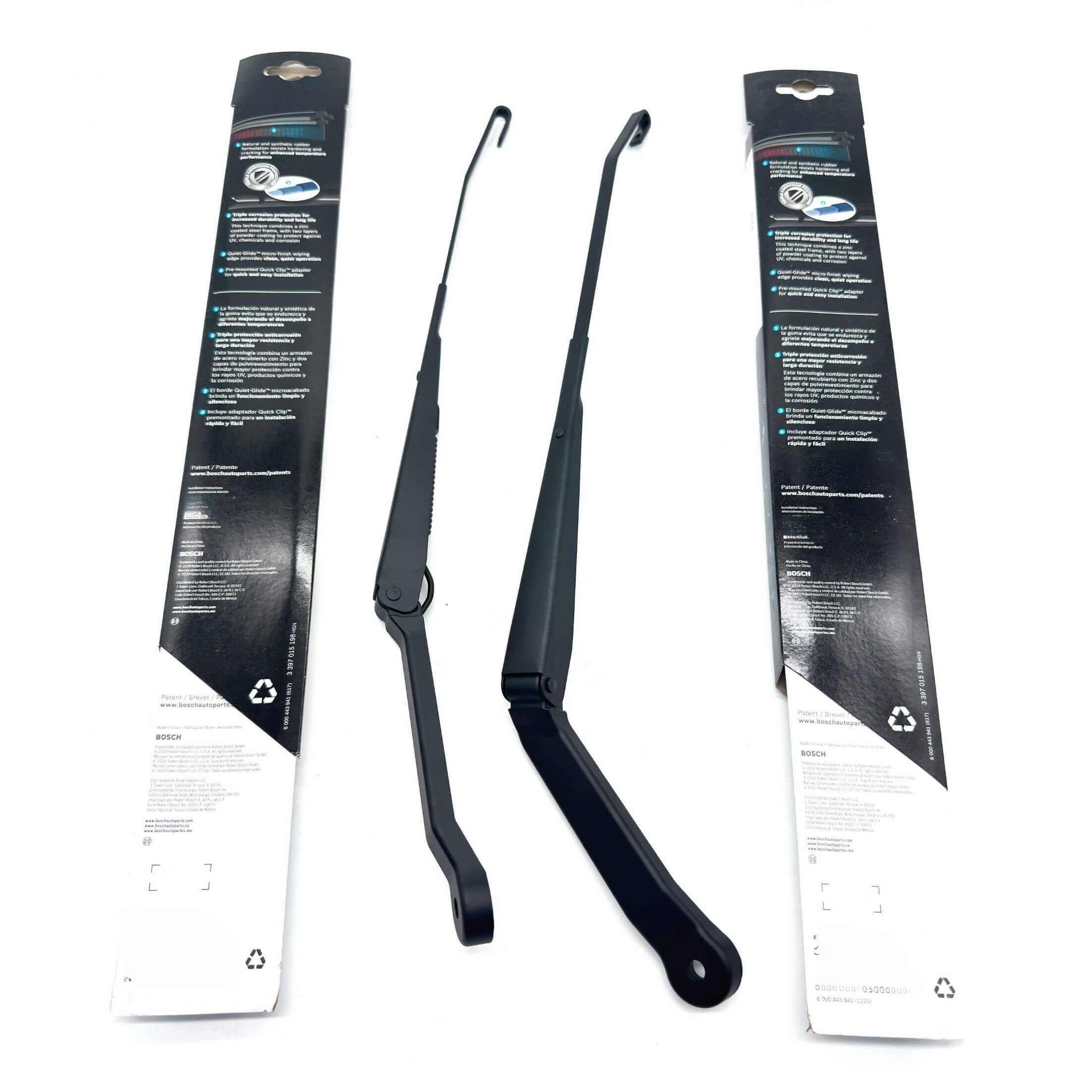 Wiper Arms & Bosch Wiper Blades Kit for Subaru Sambar Van (1990-1998) featuring durable black metal construction and sleek packaging.