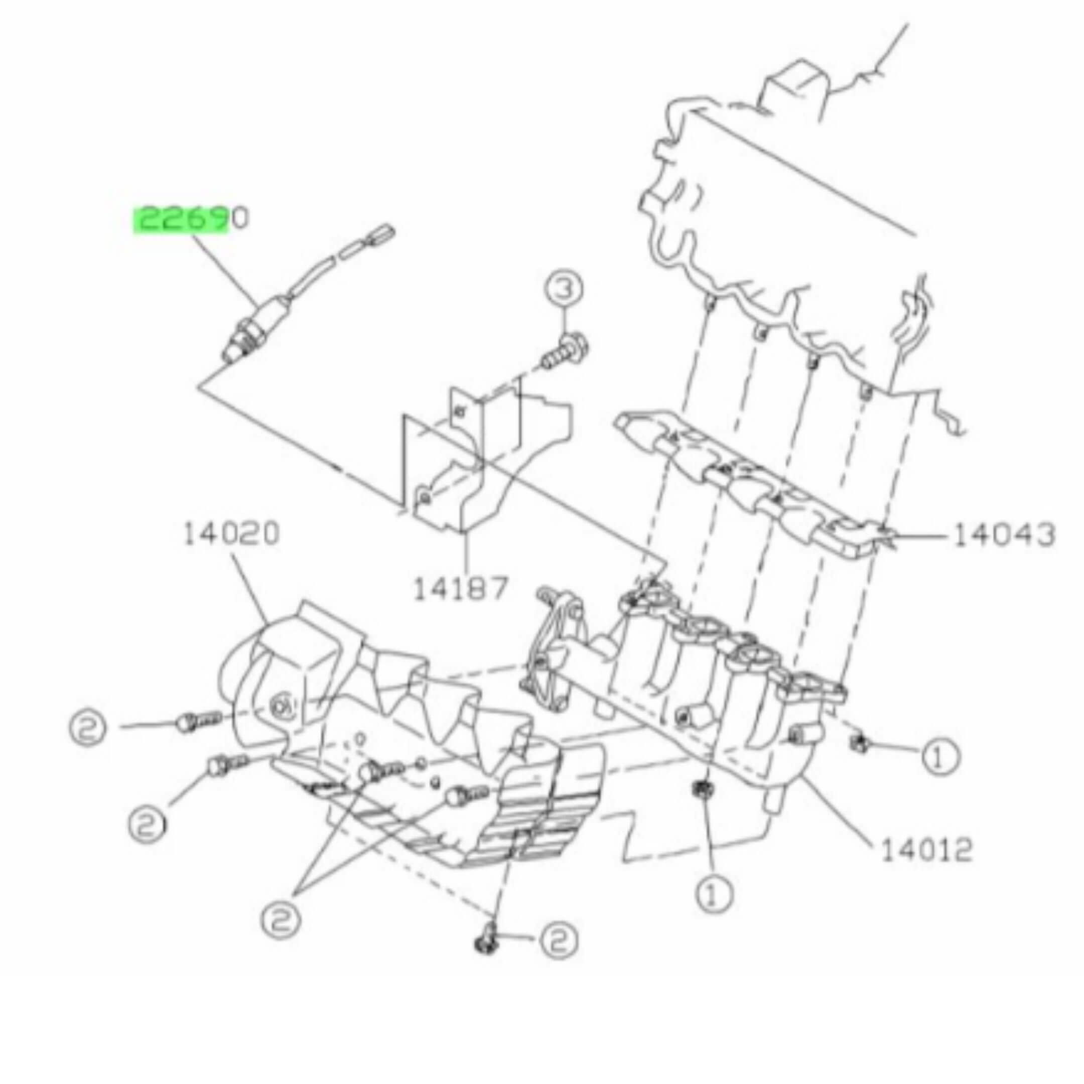 O2 SENSOR - Front Upstream for Subaru Sambar Truck TT1, TT2 Models (6/2008 - 2/2012) with detailed schematic showing part number 22690 and related components.