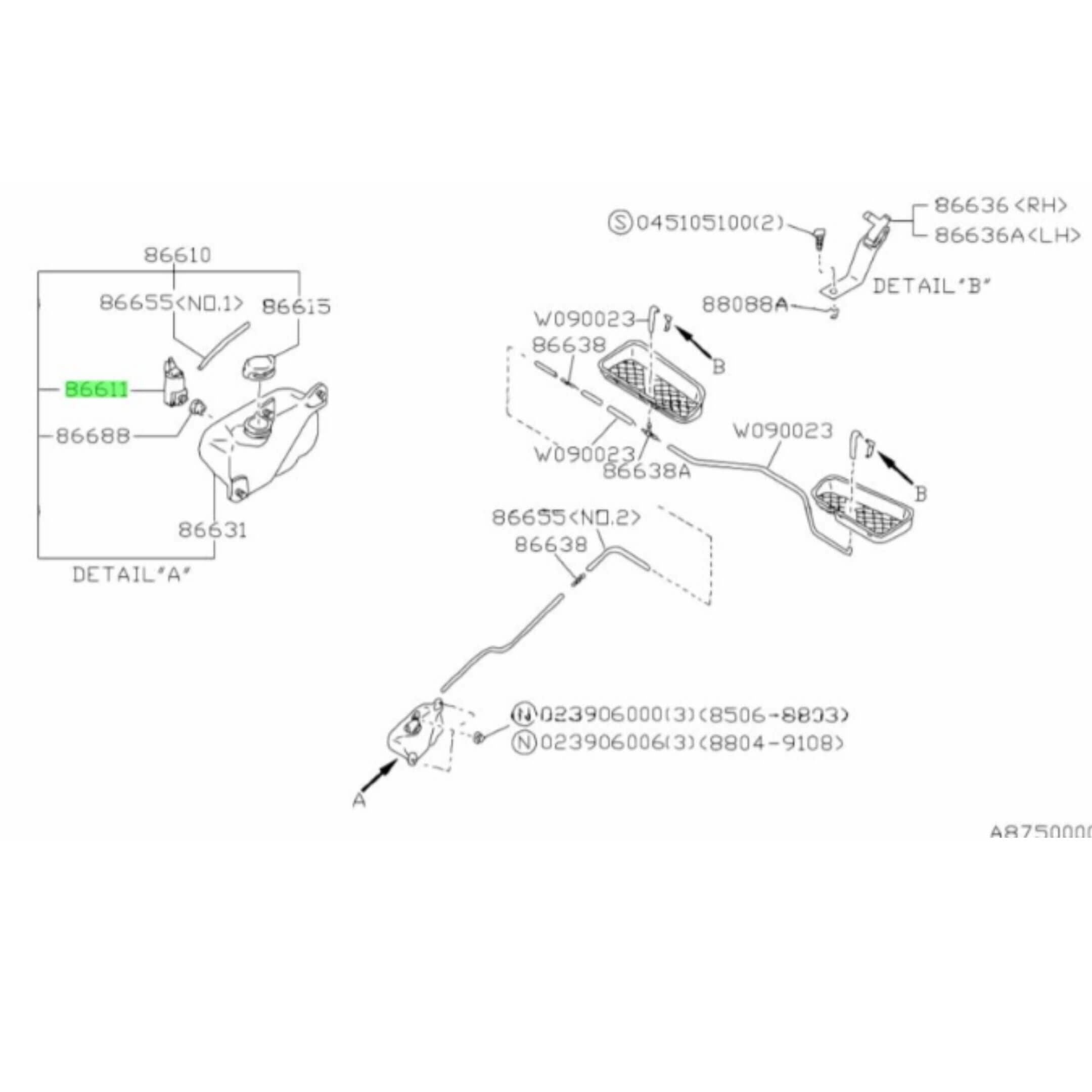 Windshield Washer Motor & Pump Assembly for Subaru Sambar Truck TT1, TT2 Models (1999–2012) OEM, featuring detailed component diagram and part numbers.