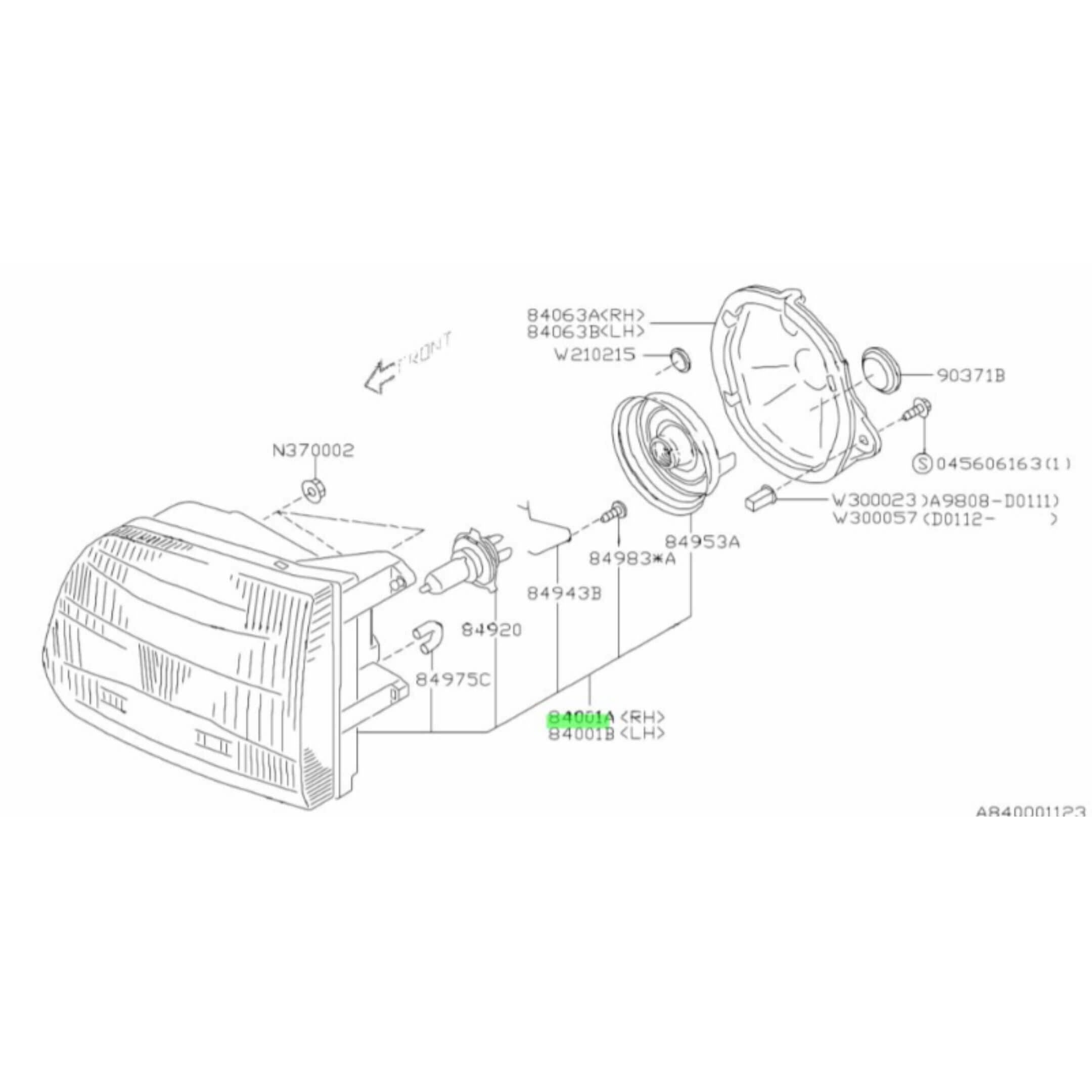 Used left passenger side headlight for Subaru Sambar Van TV1, TV2 models (2002-2012) with detailed assembly diagram.