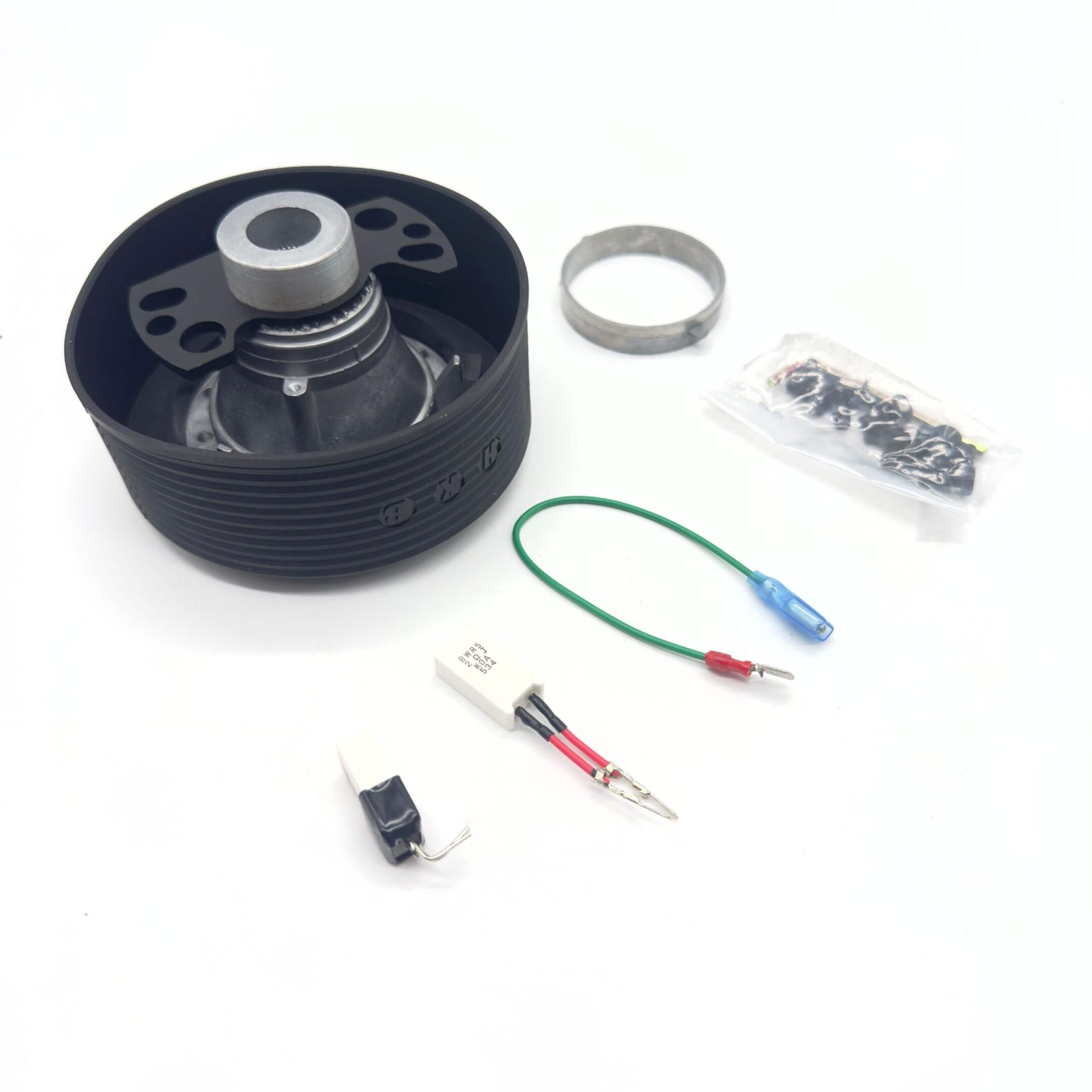 HKB Sports Boss Steering Wheel Hub Adapter for Subaru Sambar Wagon TW1, TW2 Models (1999-2012) featuring a black ribbed design and included wiring components.