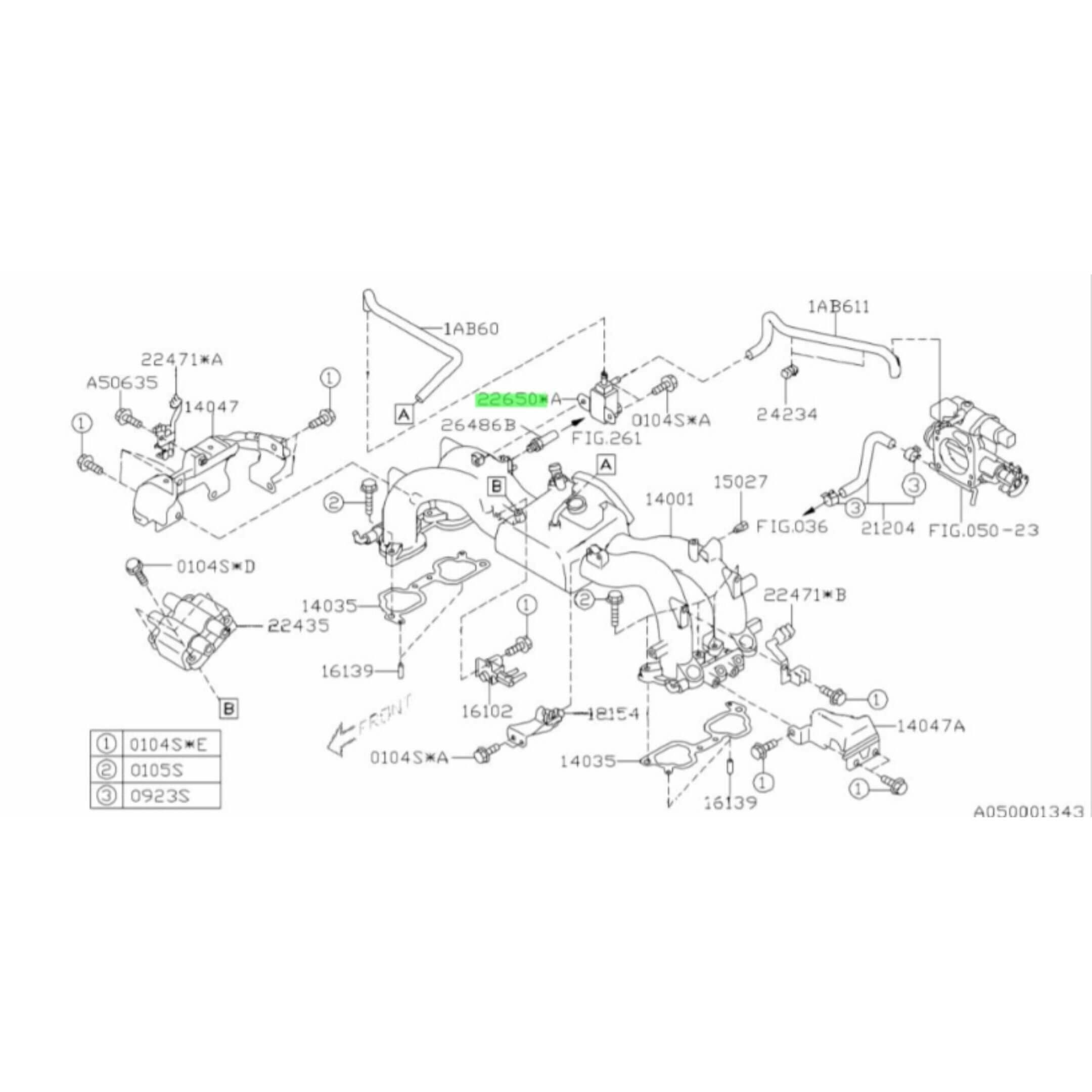 OEM Subaru parts diagram showing Idle Speed Control Valve ISC 22650-KA150 placement on intake manifold for TT1 TT2 Sambar 1999-2012